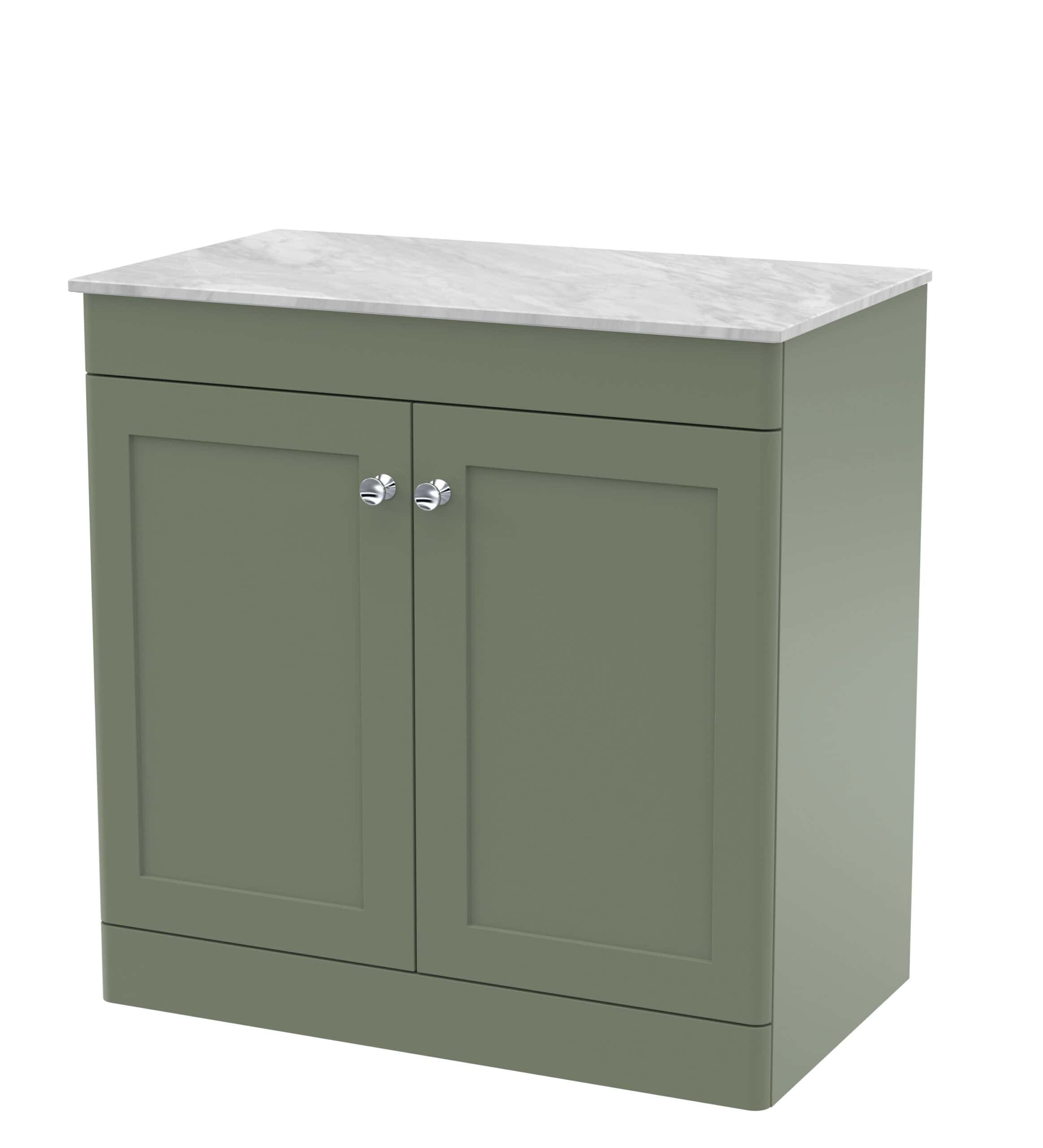Luxurious green bathroom vanity with marble countertop, ideal for modern bathroom design and storage solutions.