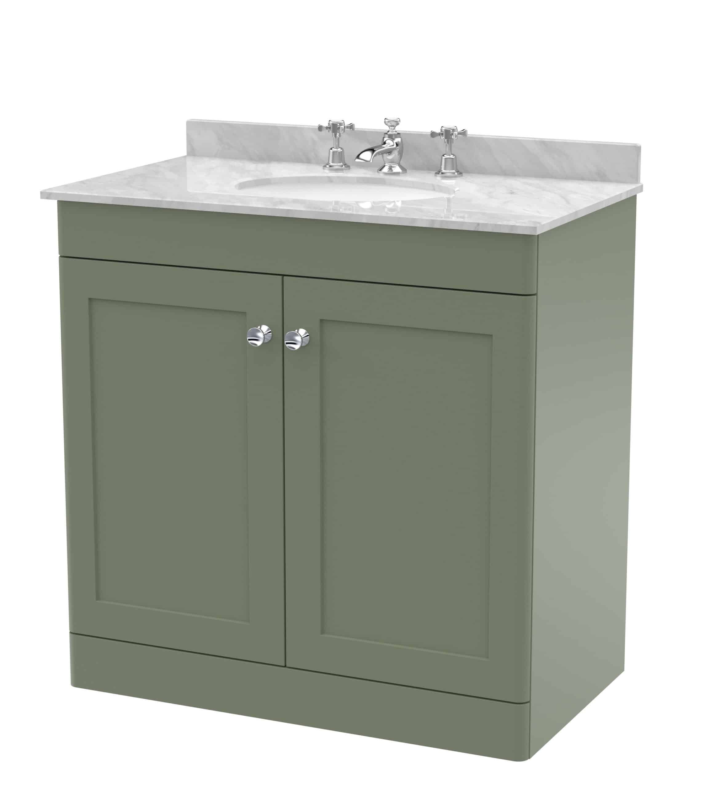 Sustainable green bathroom vanity with marble countertop and chrome fittings, perfect for modern bathroom decor and storage solutions.