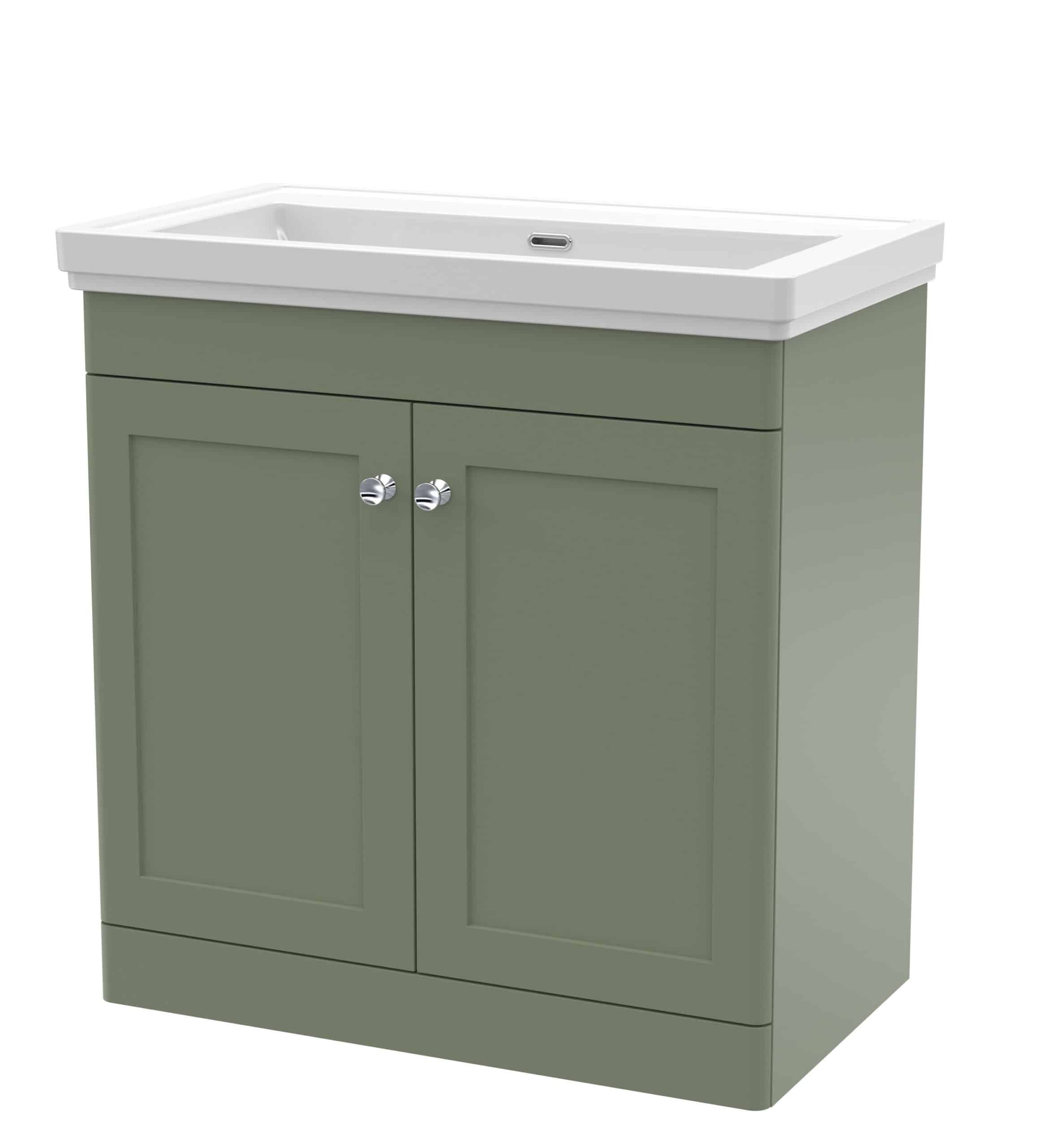 Elegant green bathroom vanity with integrated sink and storage cabinets, perfect for stylish and functional bathroom design. Modern, durable, and easy to maintain. Suitable for contemporary bathrooms.