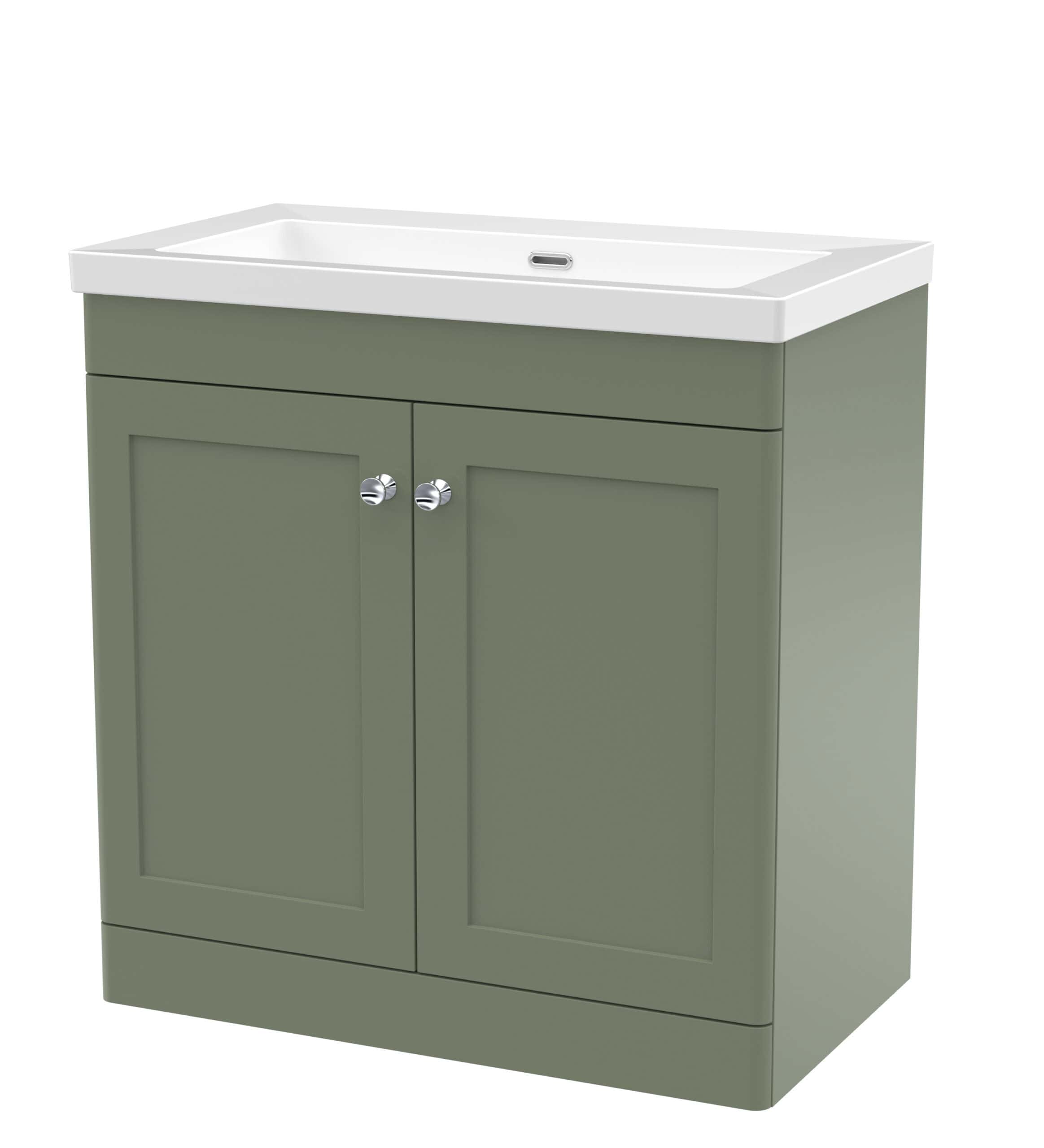 Modern green bathroom vanity with integrated sink and storage cabinet, ideal for stylish and functional bathroom renovations. Perfect for contemporary bathroom tile and decor.