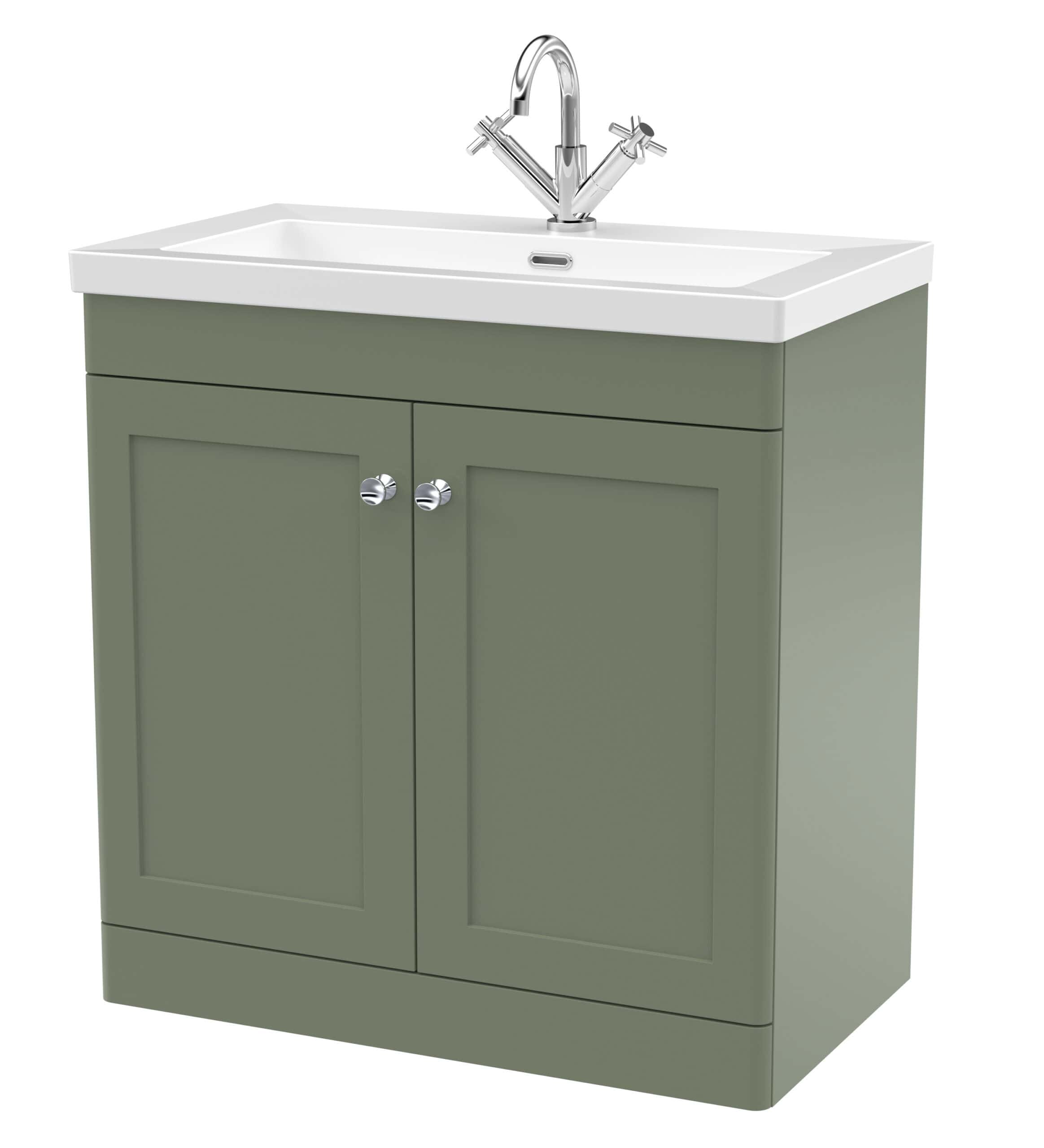 Modern green bathroom vanity with white ceramic sink and chrome faucet, ideal for stylish bathroom upgrade, offering ample storage space and elegant design.
