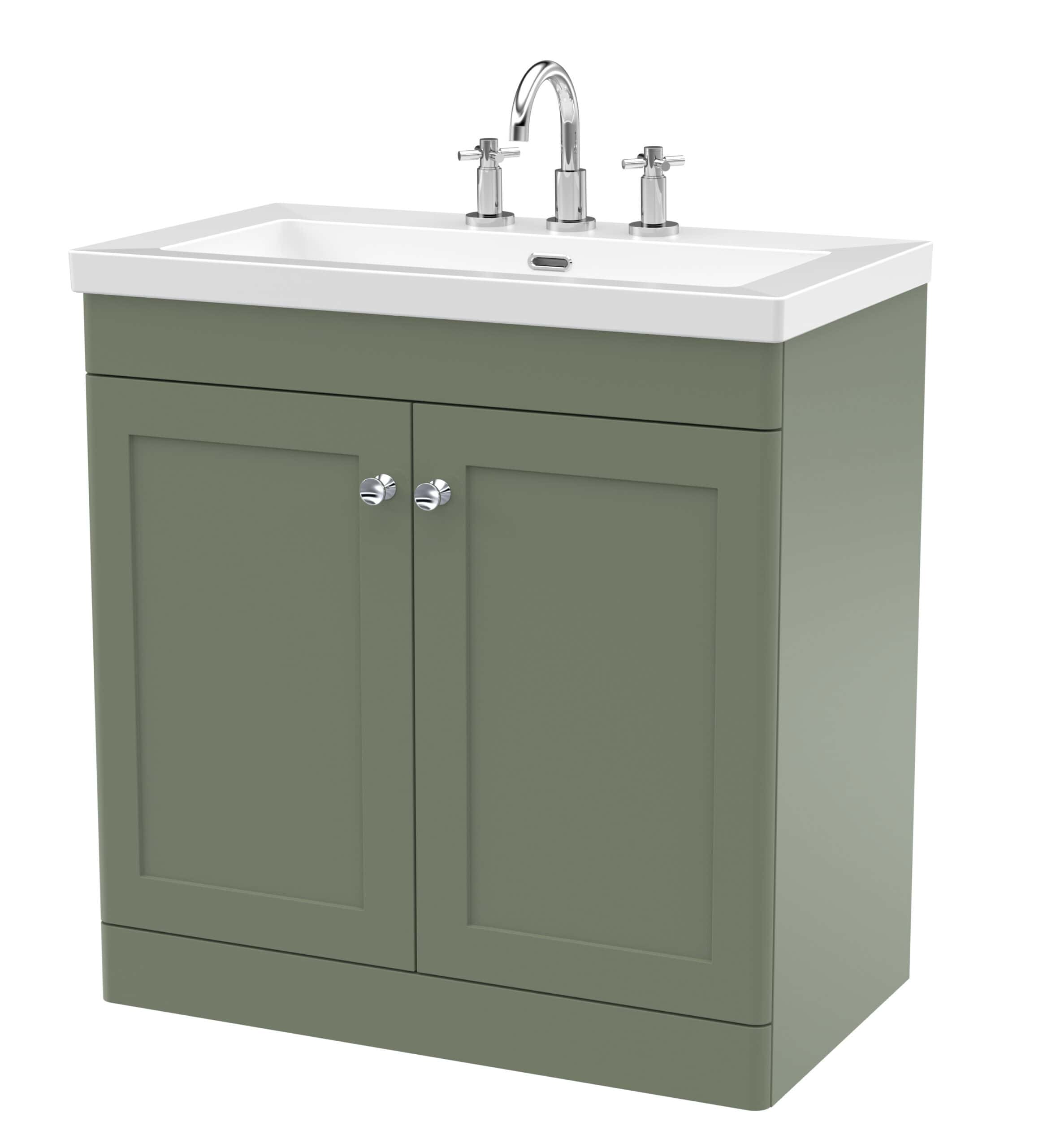 Modern green bathroom vanity with white ceramic sink and chrome taps, ideal for stylish bathroom installations. Durable storage cabinets perfect for organisation and contemporary bathroom design.