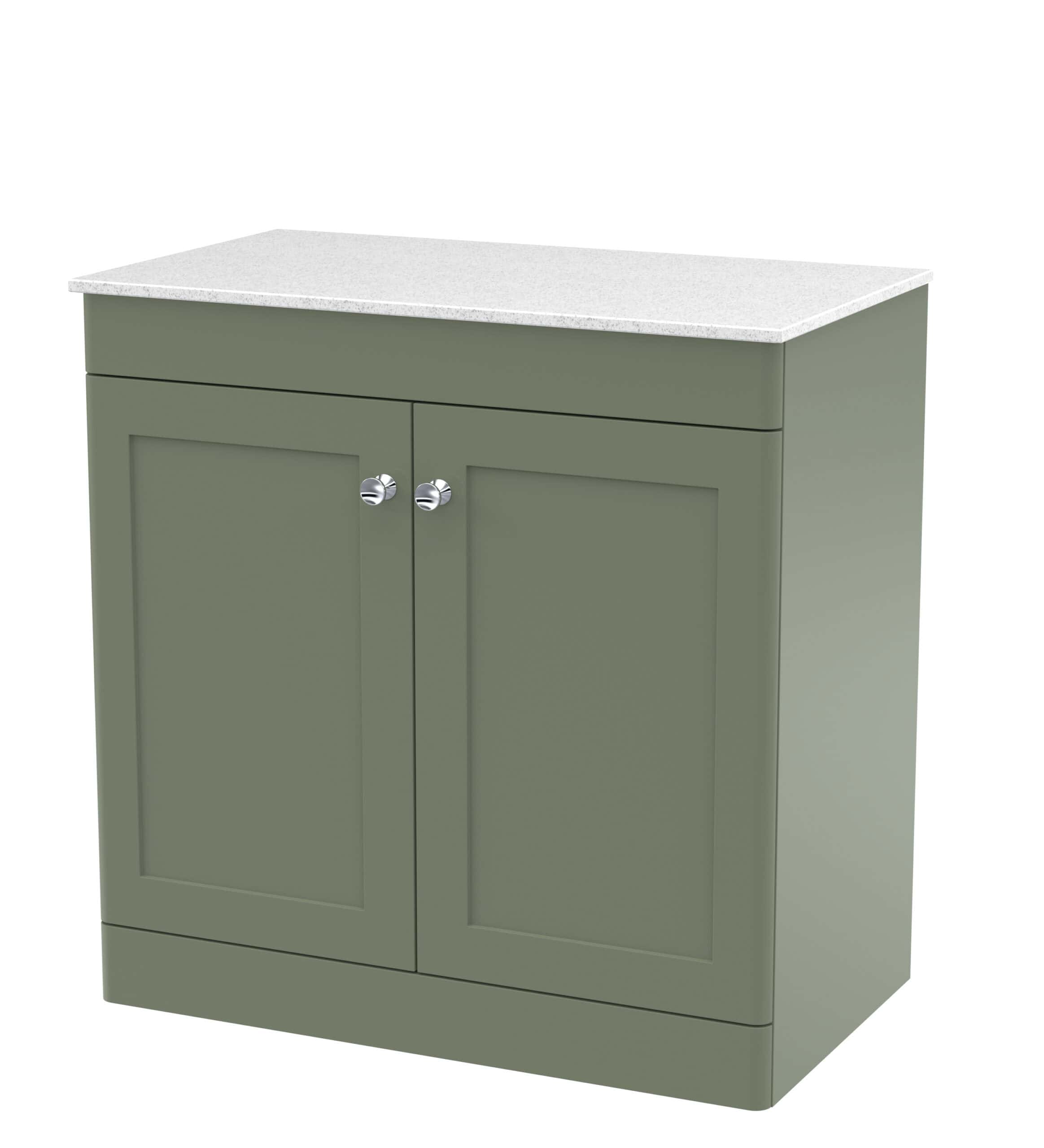 Stylish green bathroom cabinet with white countertop, ideal for bathroom storage and organisation. Perfect for modern bathroom designs with sleek finish and durable materials.