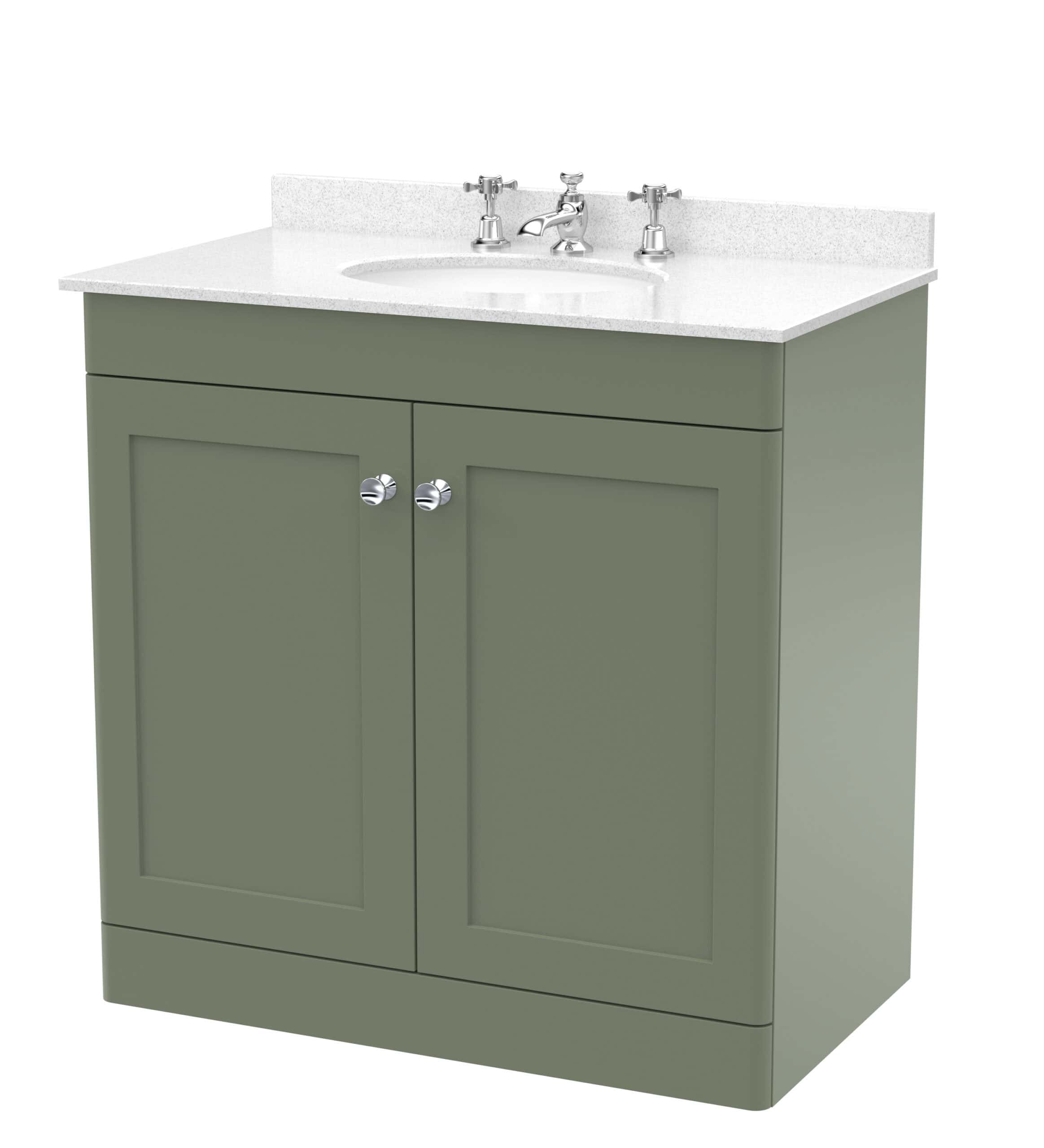 Polished green bathroom vanity unit with white solid surface countertop and integrated sink, perfect for modern bathroom design, storage space included.