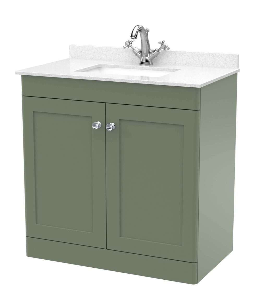 Modern green bathroom vanity with a white countertop and chrome sink tap, ideal for stylish bathroom upgrades and plumbing fittings.