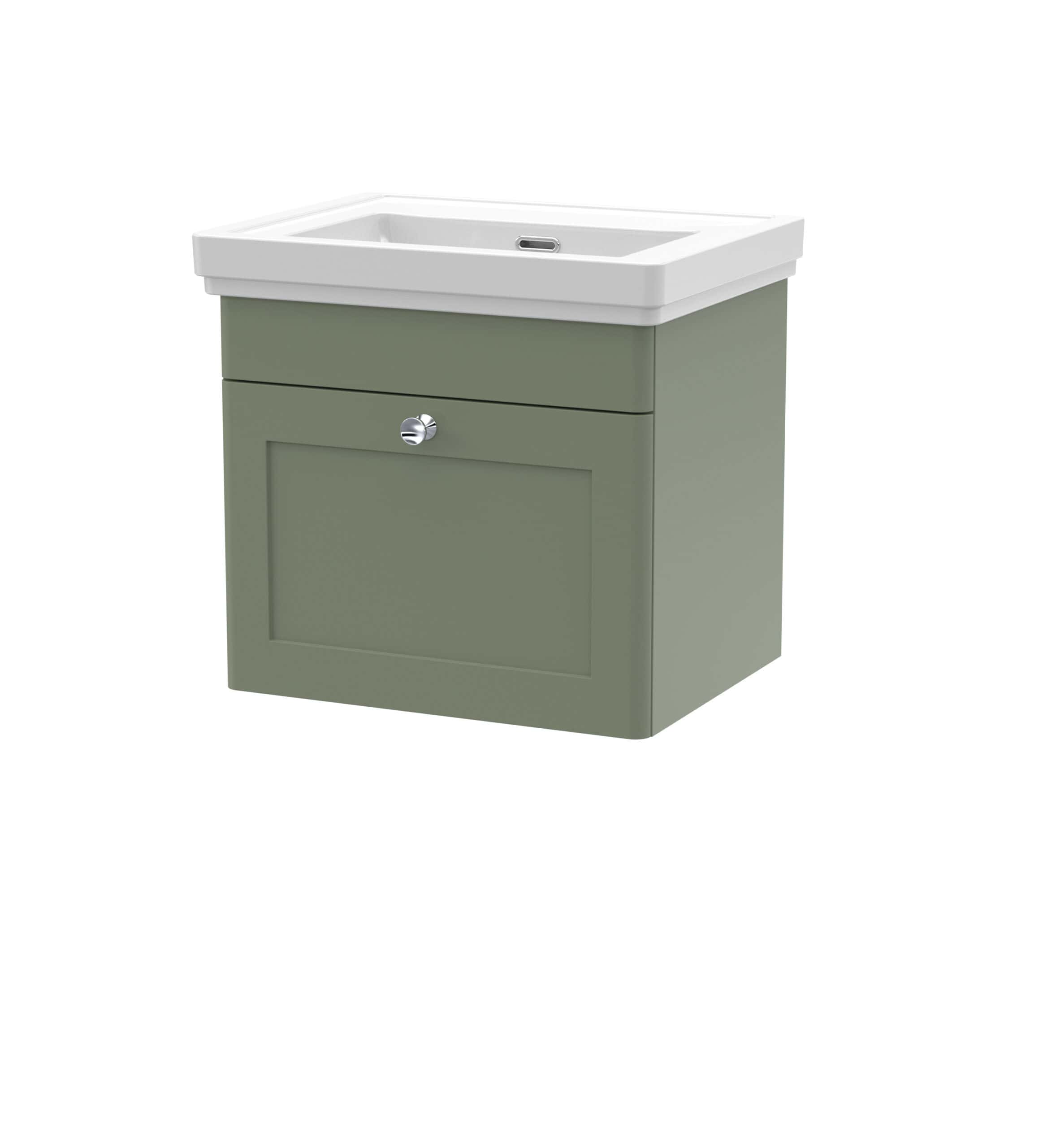 Modern green bathroom vanity unit with integrated basin and chrome handle, ideal for stylish bathroom storage and countertop space.