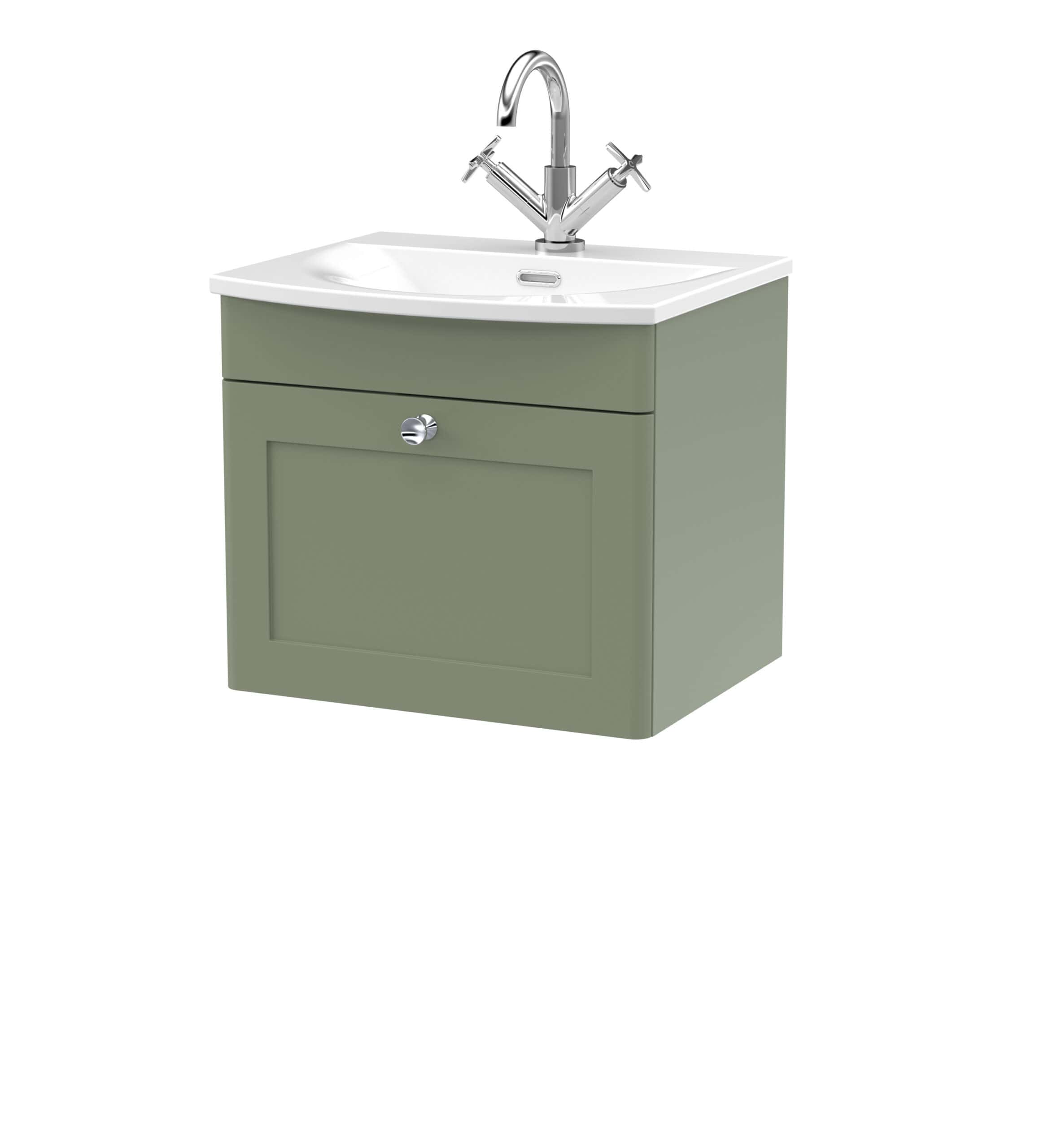 Shower sink unit with chrome taps, white basin, and green cabinet, ideal for modern bathroom décor and bathroom renovation projects.