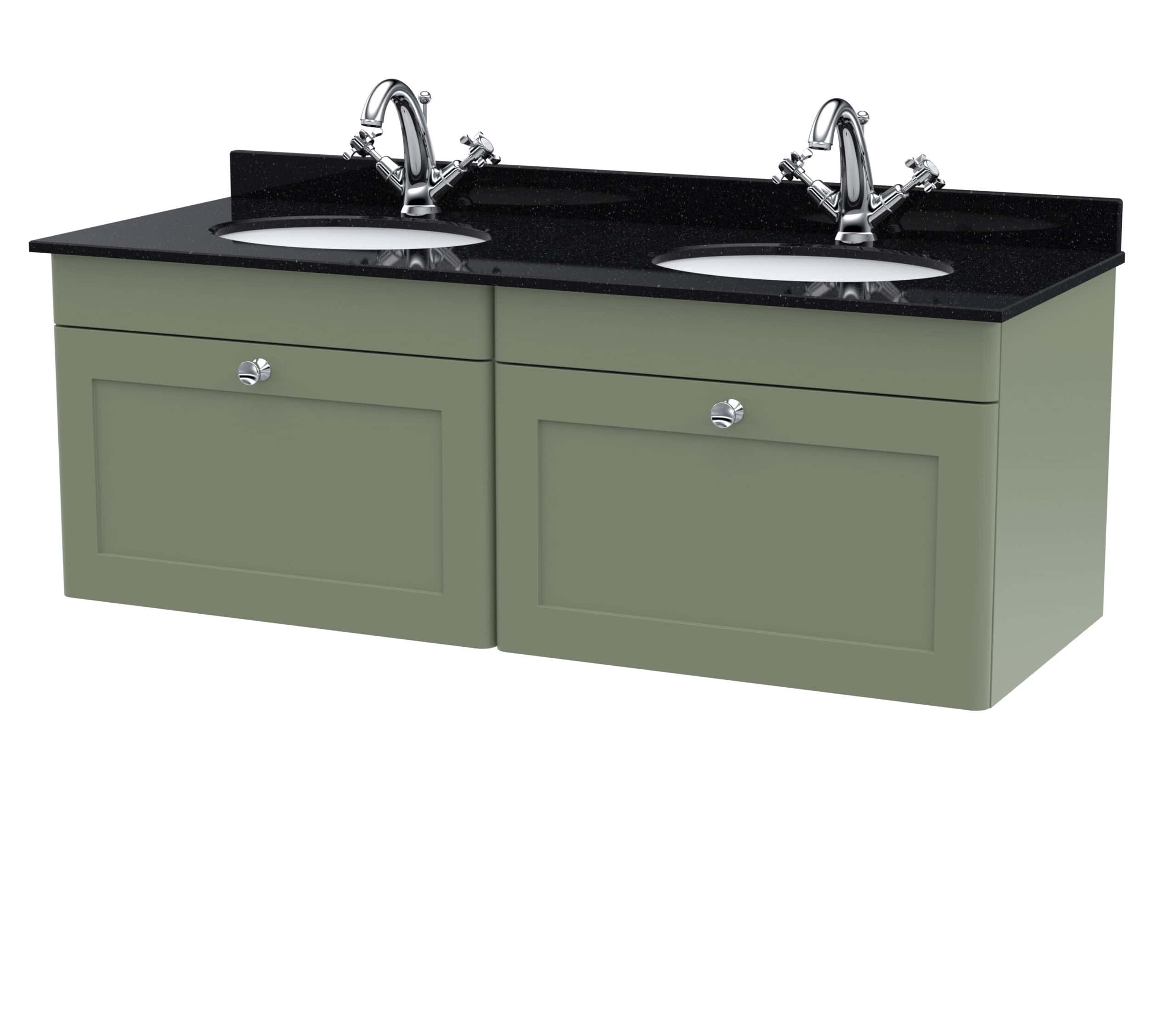 Double sink bathroom vanity with black granite countertop and chrome fixtures in a modern green finish. Perfect for stylish and functional bathroom upgrades.