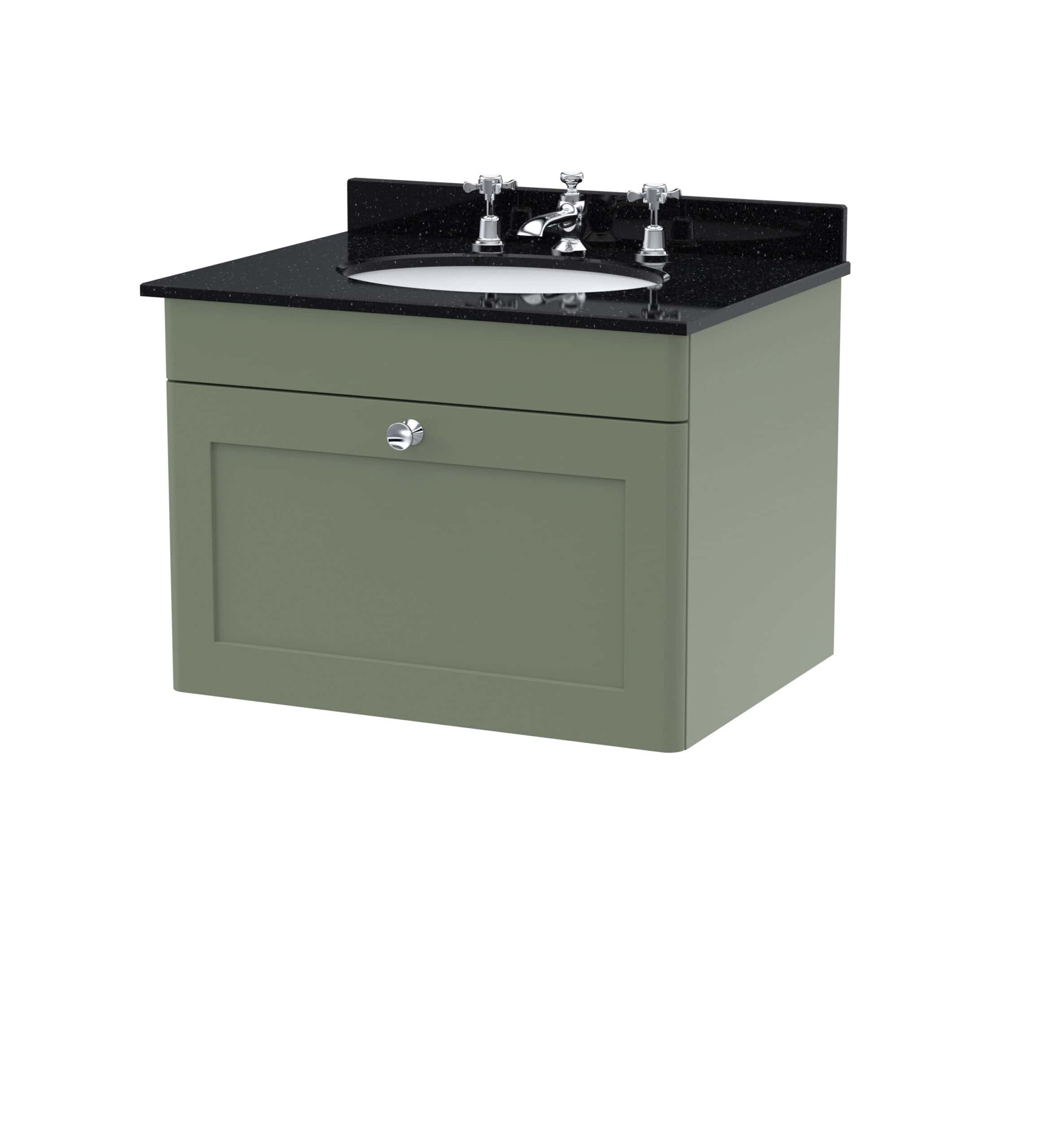 Polished bathroom vanity unit with black granite countertop, chrome fixtures, and an integrated sink, perfect for modern bathroom renovation and elegant decor.