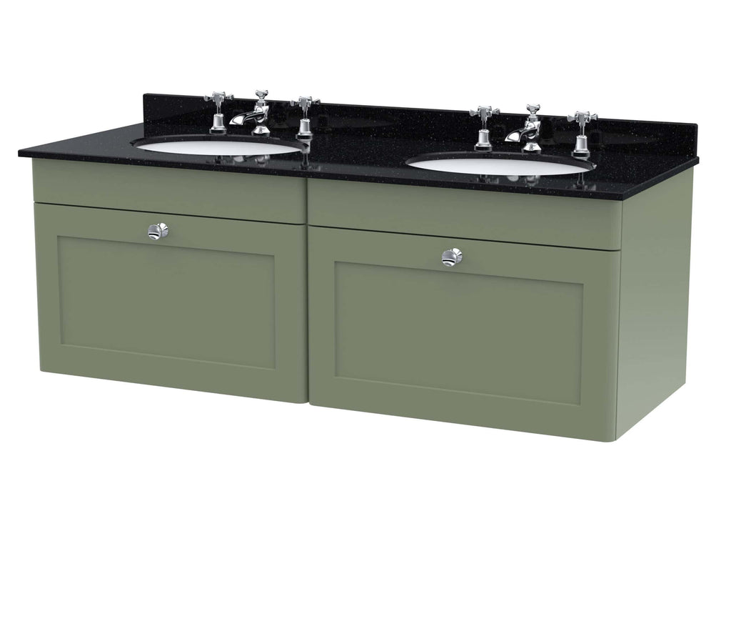 Bright green double bathroom vanity with black marble countertop and two oval ceramic sinks, featuring chrome fixtures and matching cabinet doors, perfect for modern bathrooms.