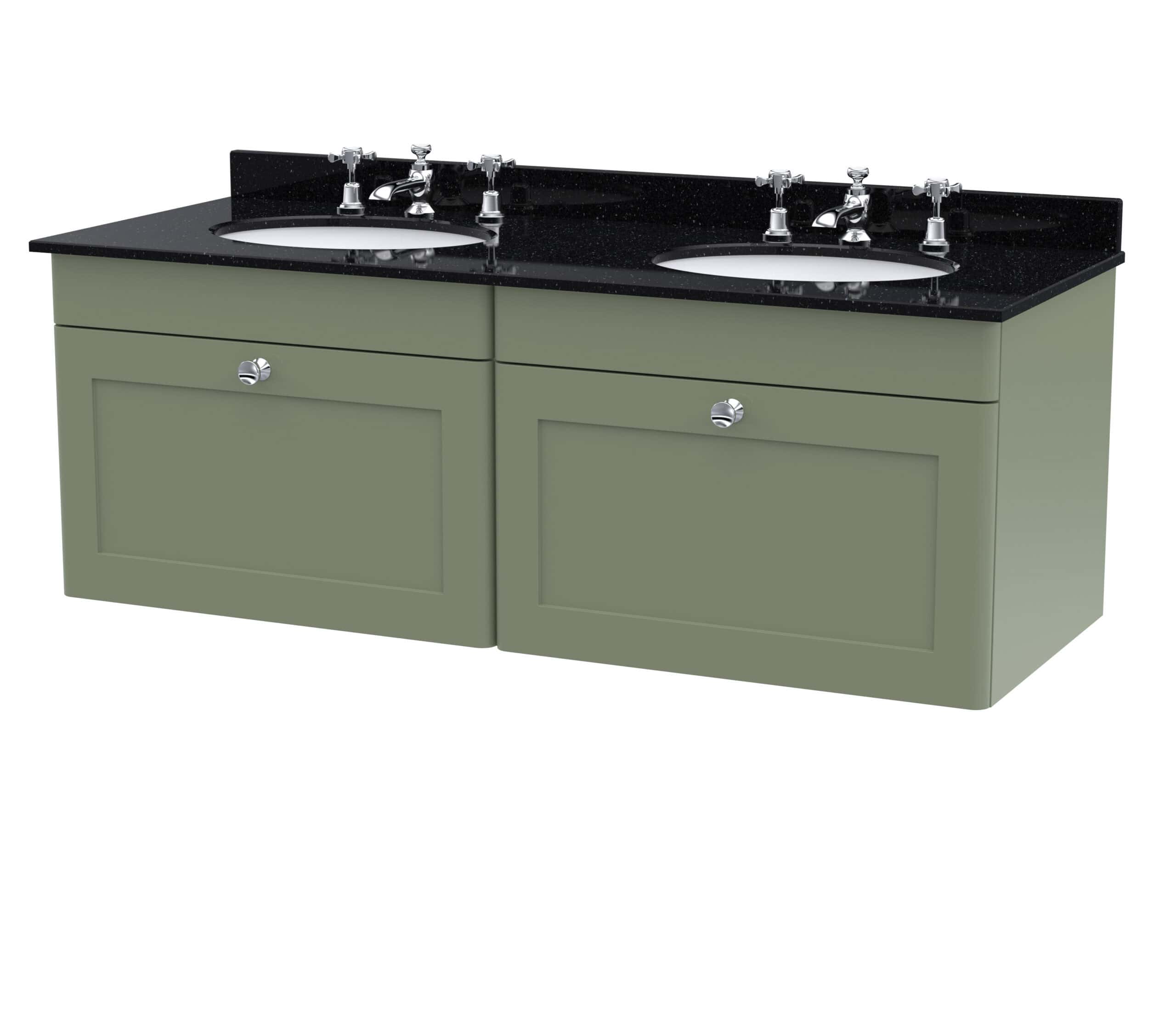 Bright green double bathroom vanity with black marble countertop and two oval ceramic sinks, featuring chrome fixtures and matching cabinet doors, perfect for modern bathrooms.