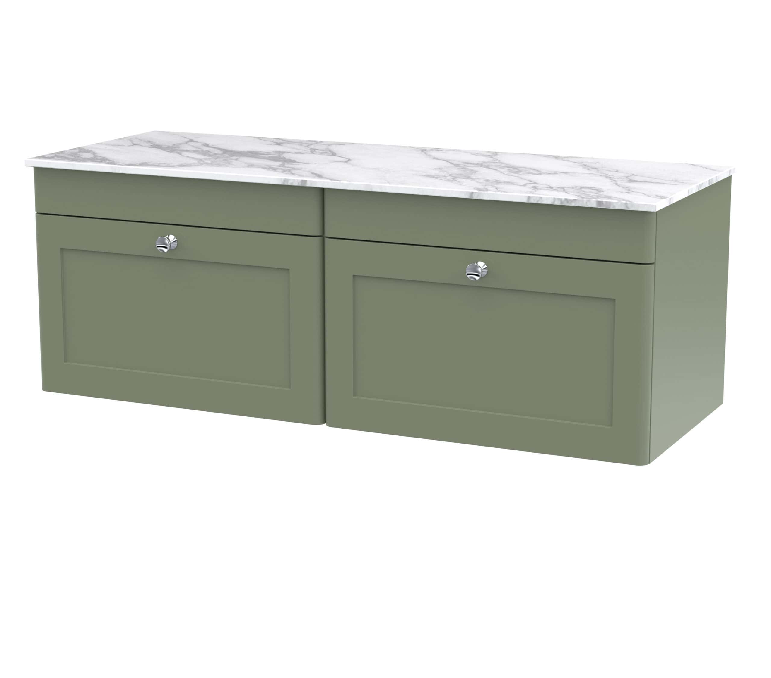 Modern bathroom vanity with sage green cabinets and a white marble countertop, ideal for stylish and functional bathroom storage solutions.