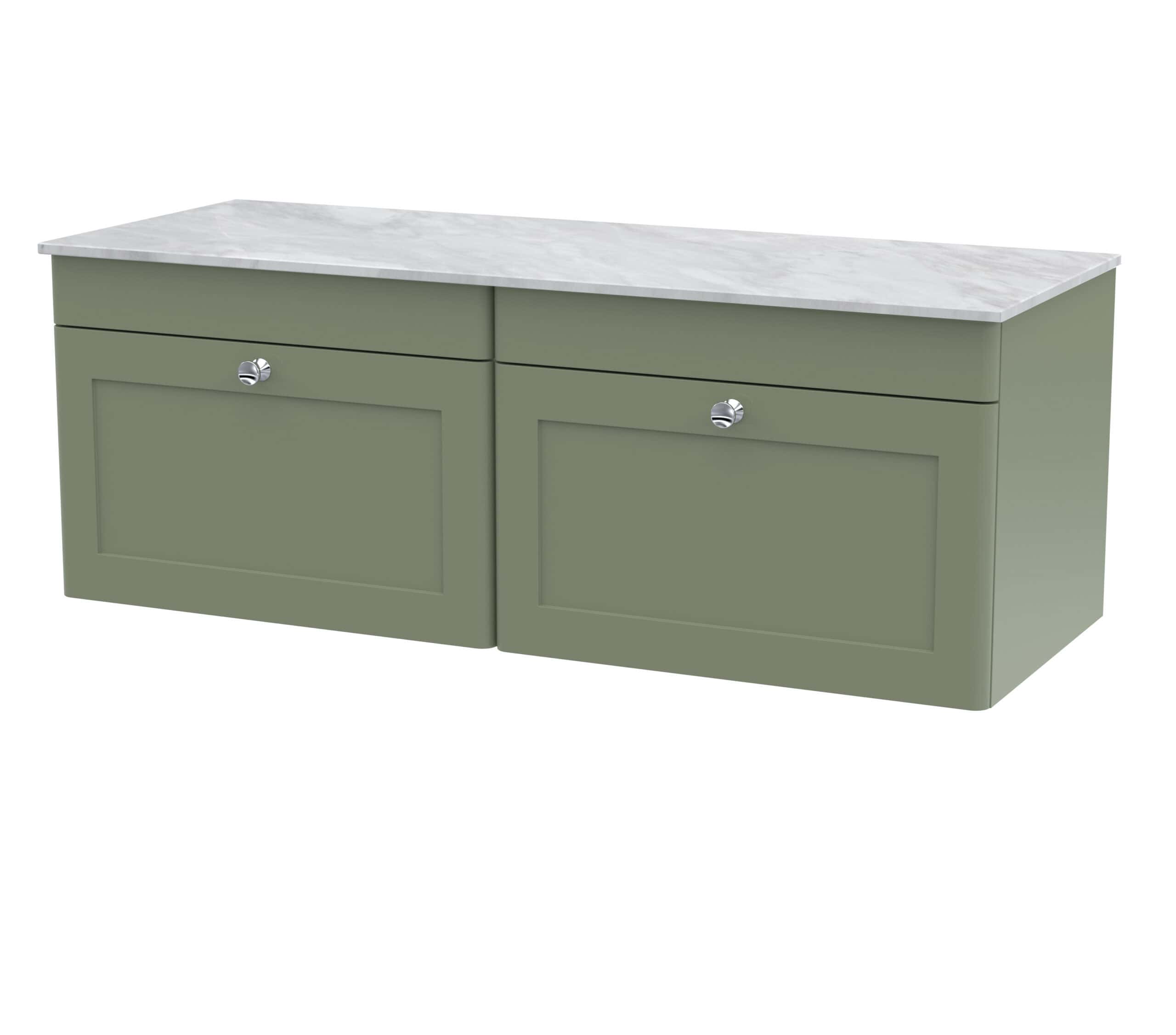 Green bathroom vanity with marble countertop, sleek storage drawers, and modern chrome knobs, ideal for contemporary bathroom designs. Suitable for elegant and functional bathroom renovation.