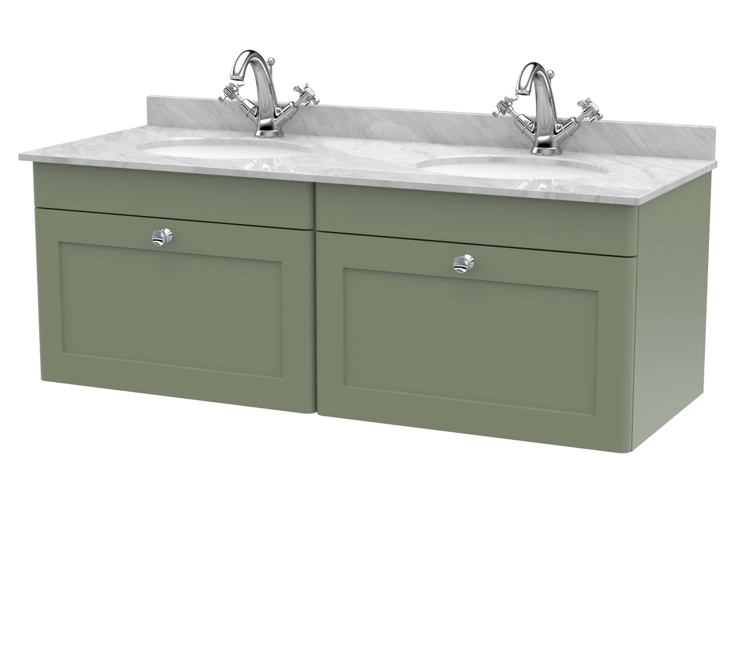 Cream bathroom vanity with dual sinks and chrome faucets, featuring a green wooden base and marble countertop, ideal for contemporary bathroom design.