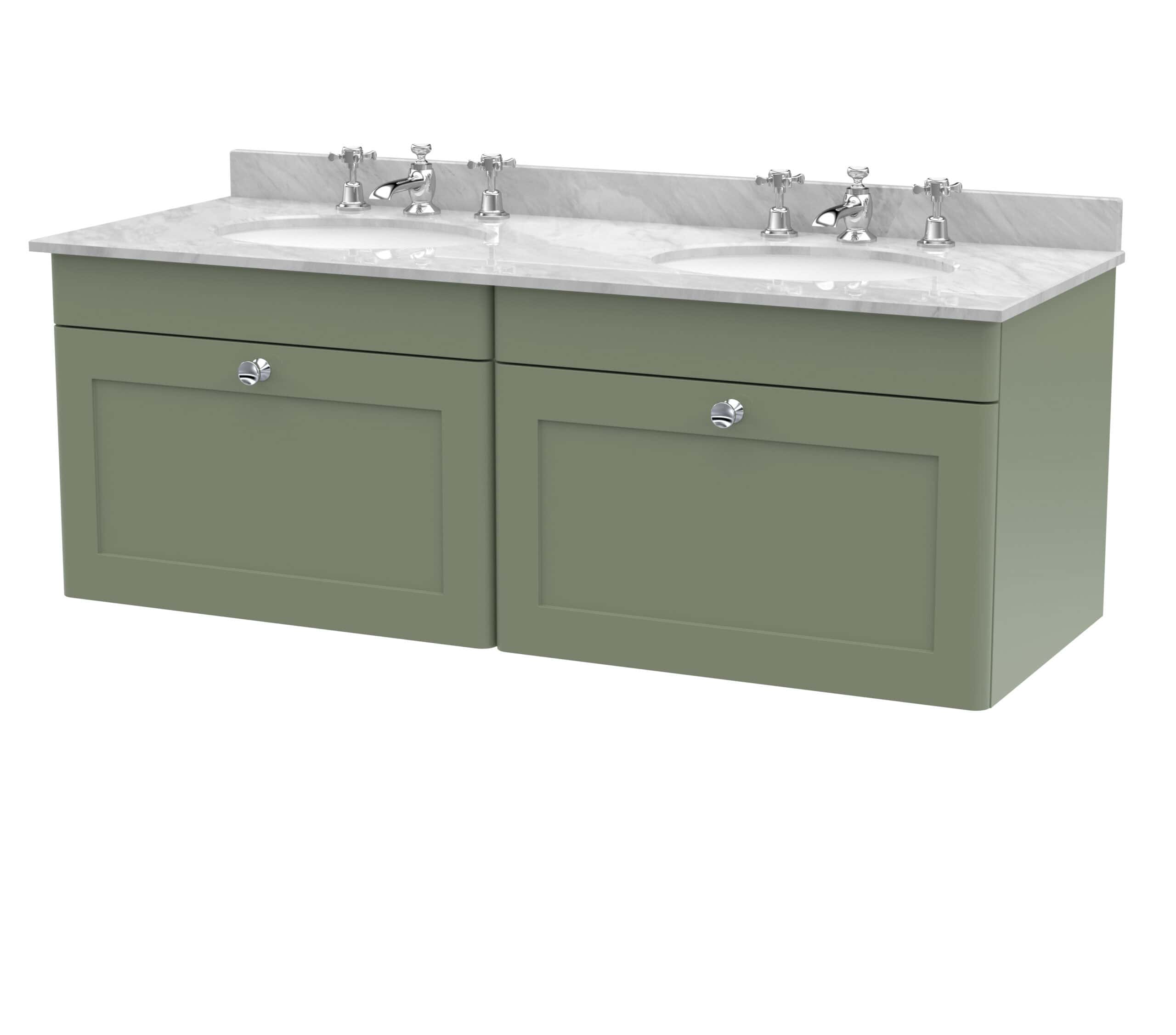 Polished double sink bathroom vanity with marble countertop in soft green, chrome fixtures, and ample storage, perfect for modern bathroom design and renovation projects.