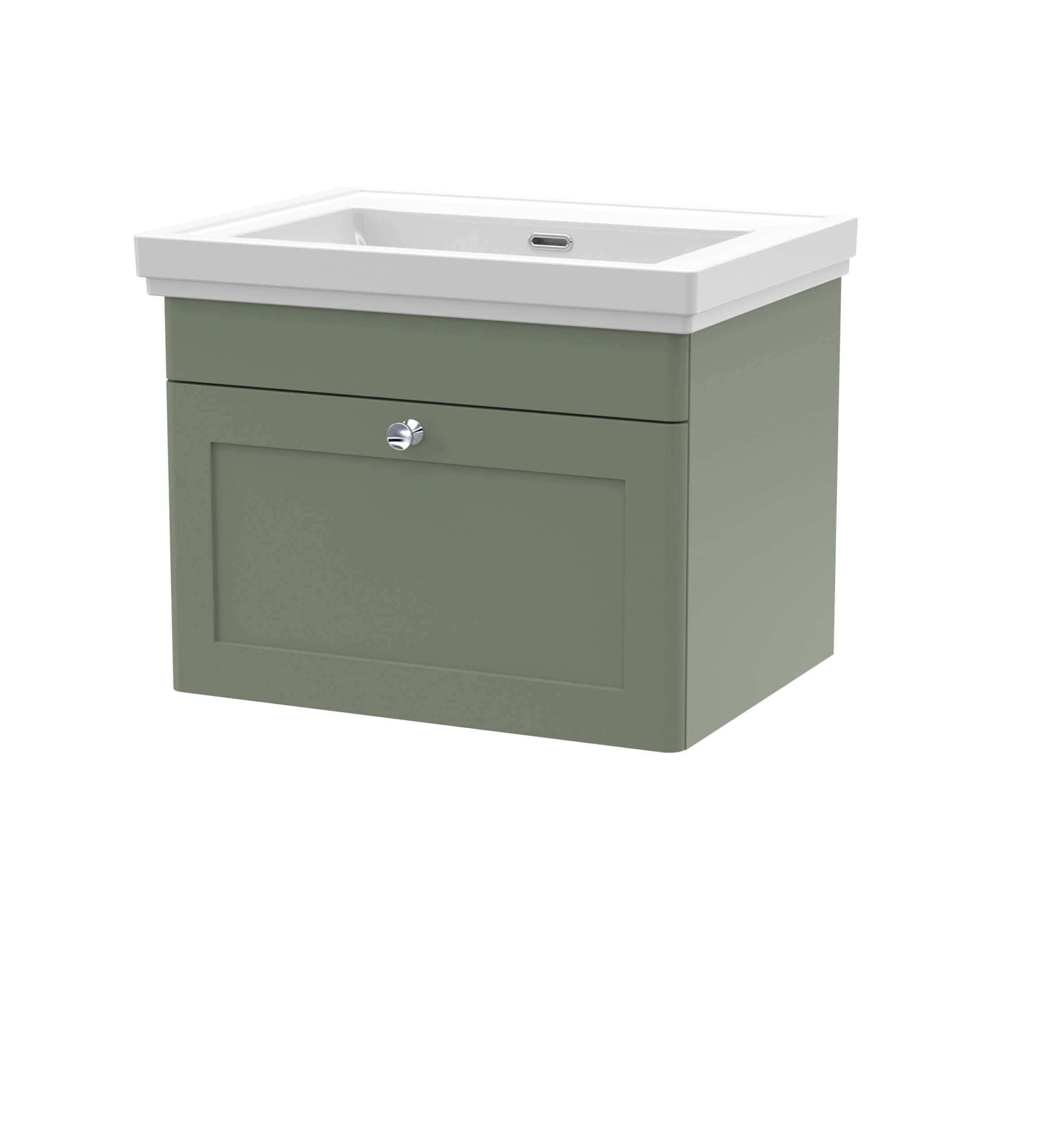 Modern green bathroom vanity with integrated white ceramic sink and chrome handle, ideal for contemporary bathroom renovation and stylish storage solutions.