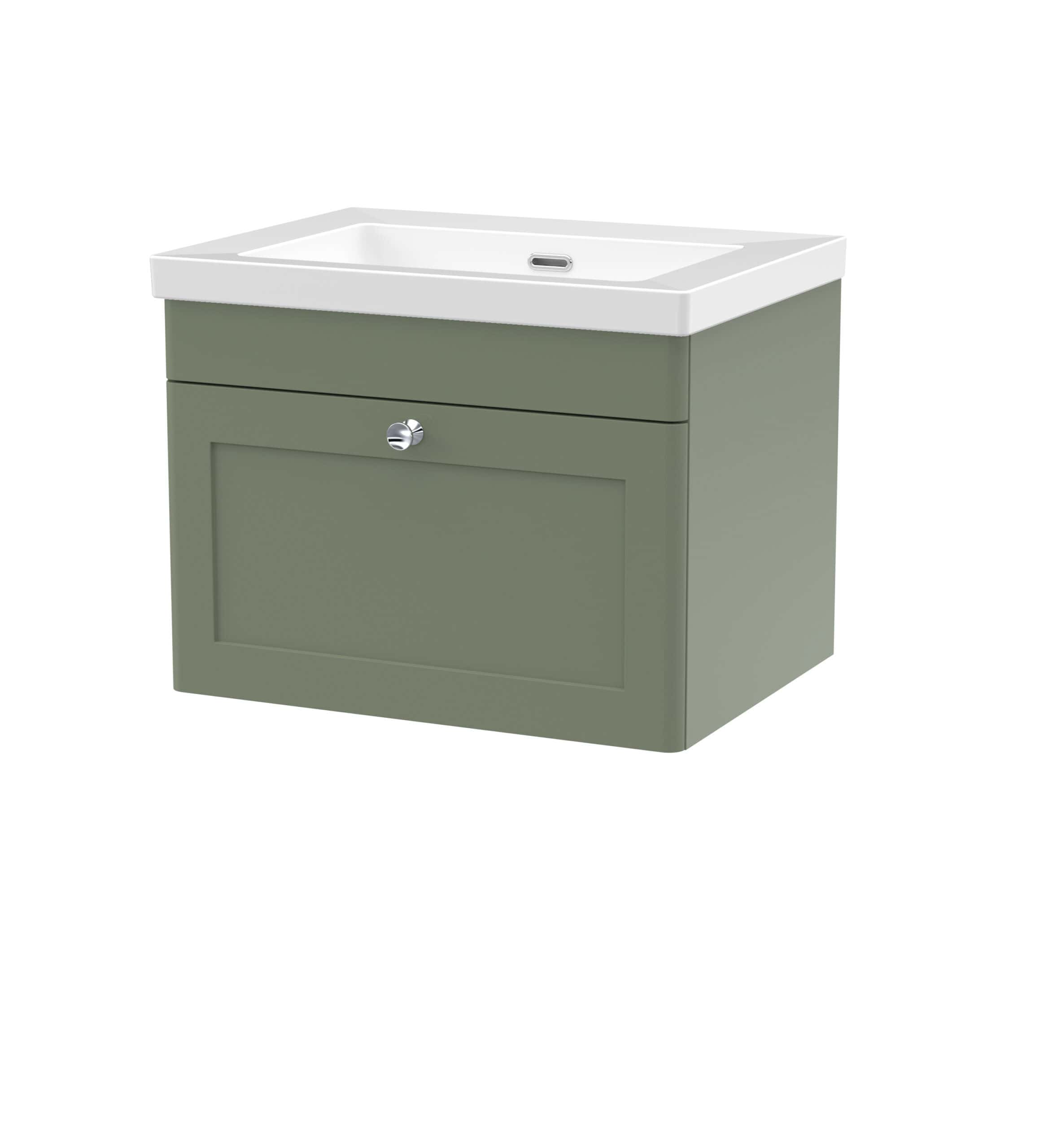 Modern bathroom vanity with integrated sink in muted green, featuring sleek design and storage cabinet, ideal for contemporary bathroom renovations and fittings.