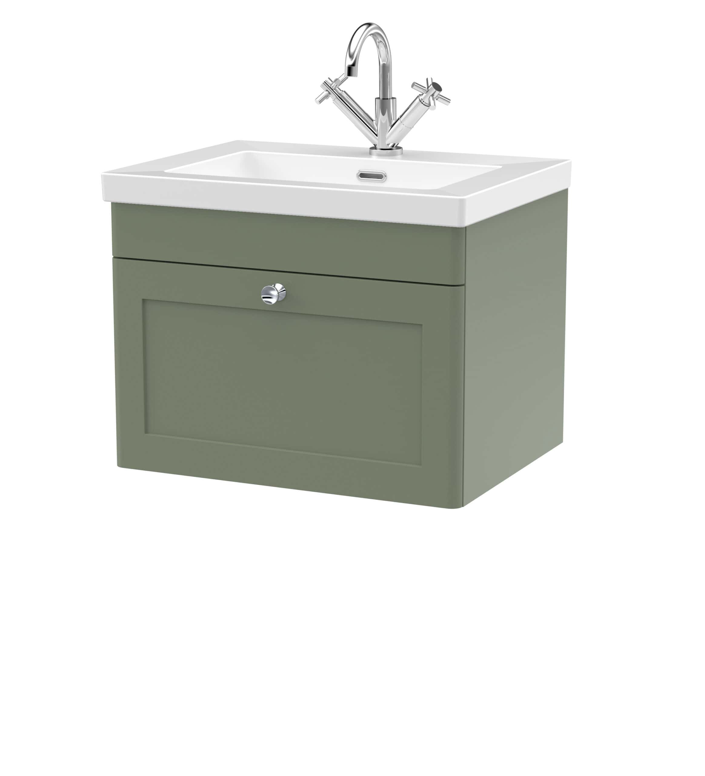 Modern bathroom vanity unit with inset sink, chrome tap, and storage cabinet in muted green, ideal for stylish bathroom storage solutions.