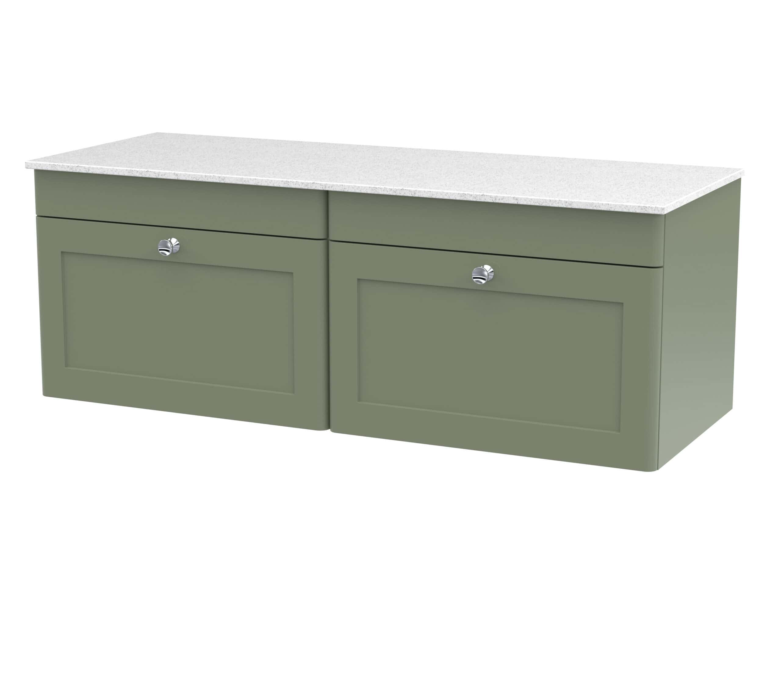 Smooth green bathroom cabinet with a white speckled countertop, featuring two drawers with chrome knobs, ideal for modern bathroom storage.