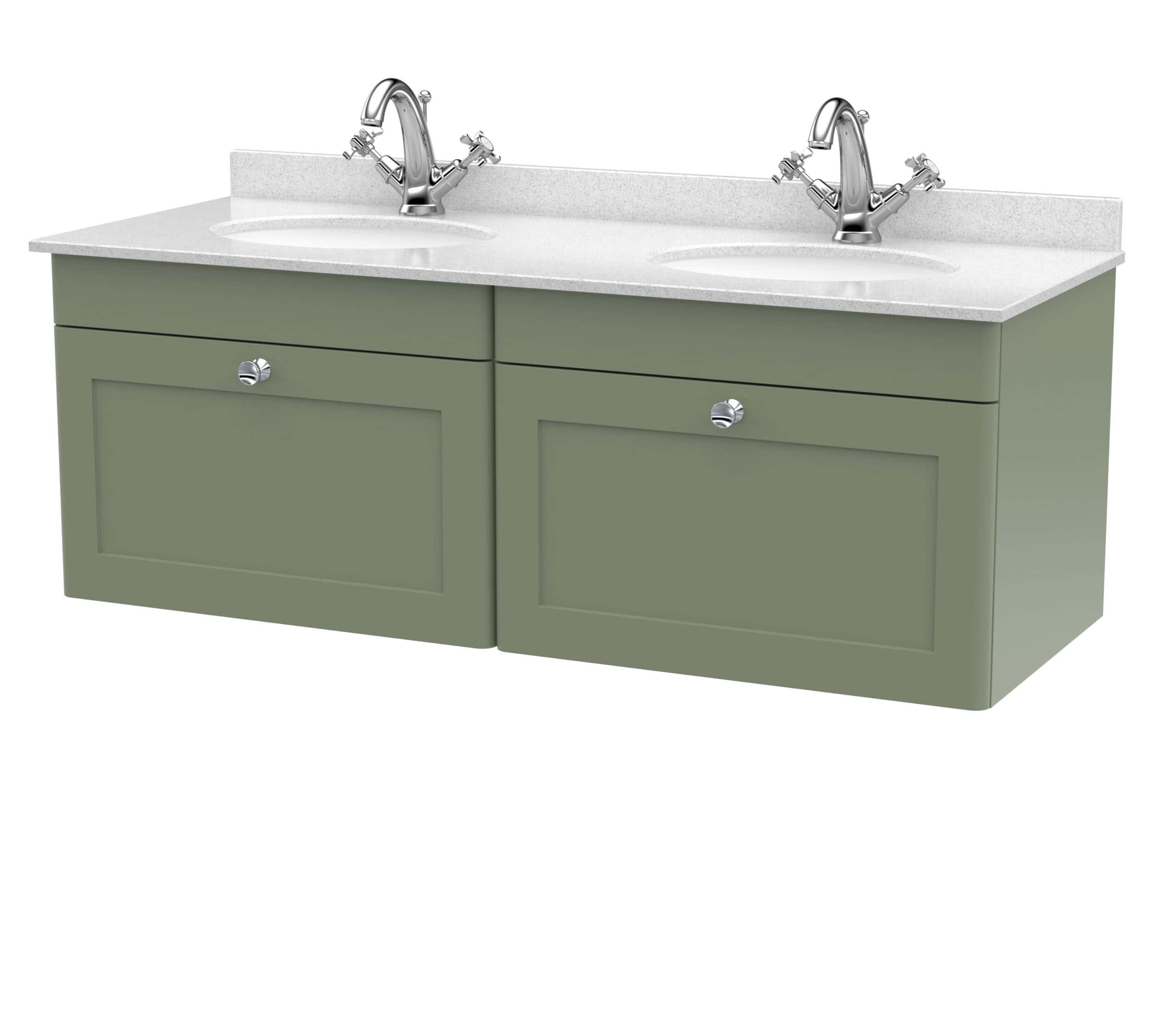 Contemporary double bathroom vanity unit with twin basins, white countertops, and green cupboard doors featuring chrome knobs. Ideal for modern bathroom design and storage solutions.
