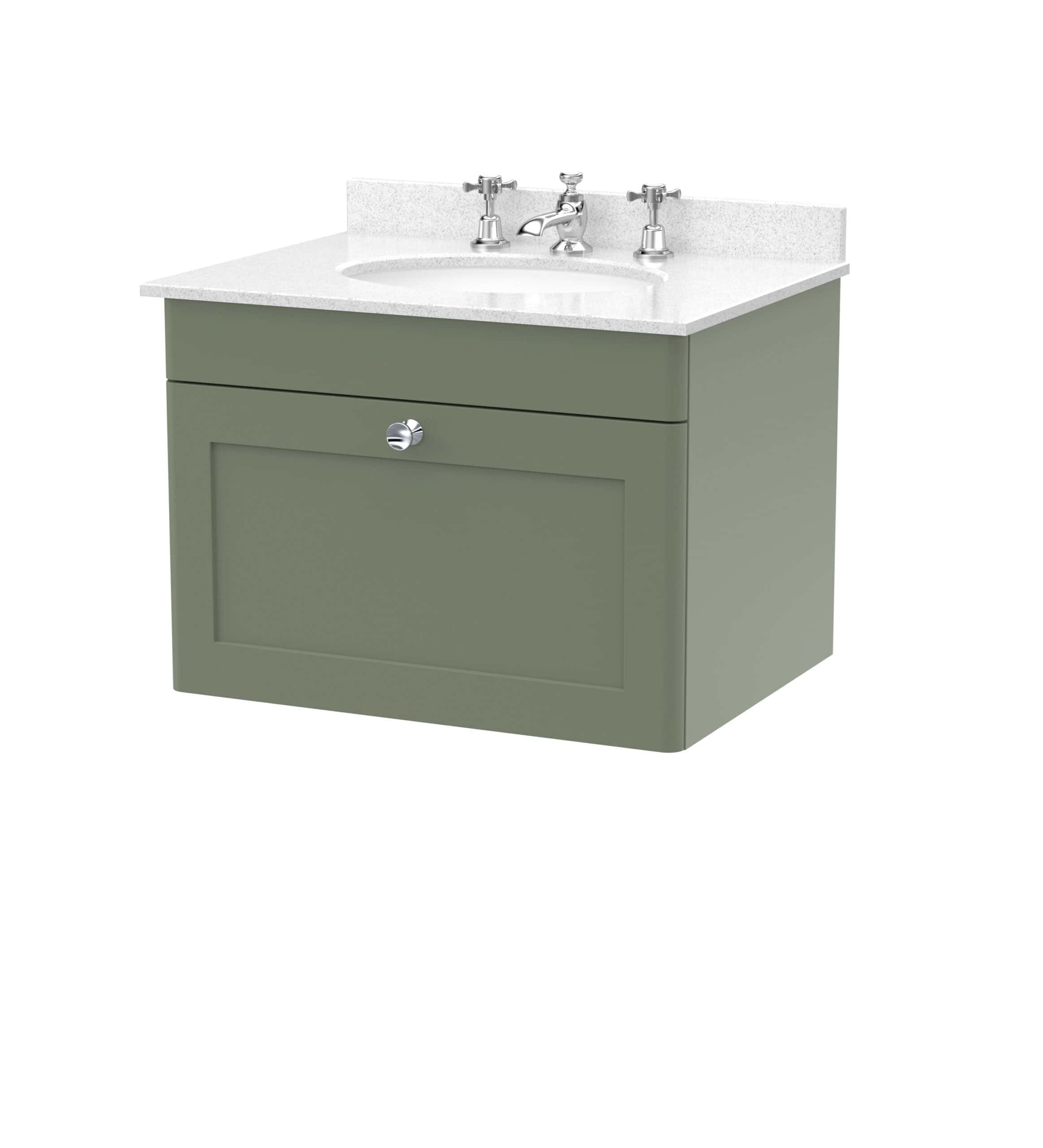 Stylish bathroom vanity unit with a green finish, white countertop, and chrome fixtures, ideal for modern bathroom bathroom design and storage solutions.