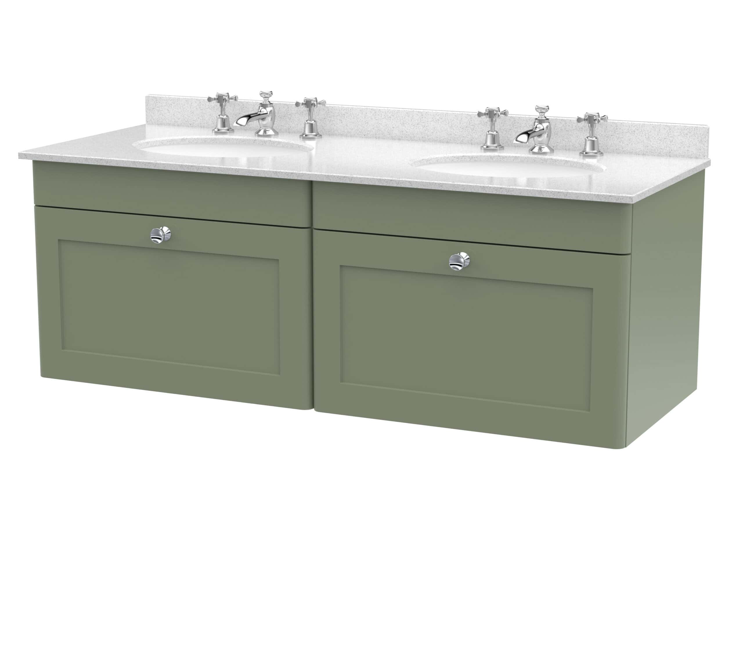 Double sink vanity unit with green cabinet and white countertops, ideal for modern bathrooms. Features two sets of chrome taps and ample storage space beneath the sinks for bathroom essentials.