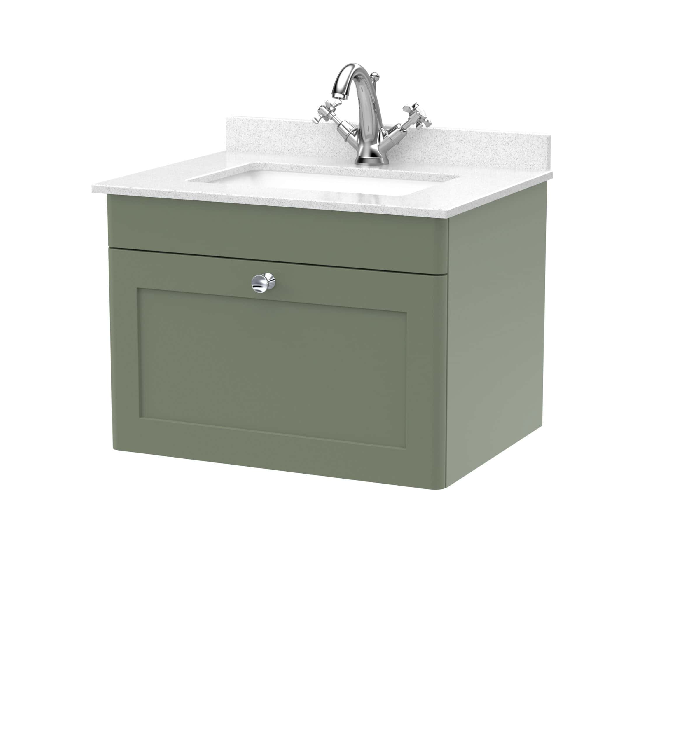 Modern bathroom vanity unit with a white countertop and sink, featuring a muted green cabinet and chrome fixtures, ideal for contemporary bathroom renovations.