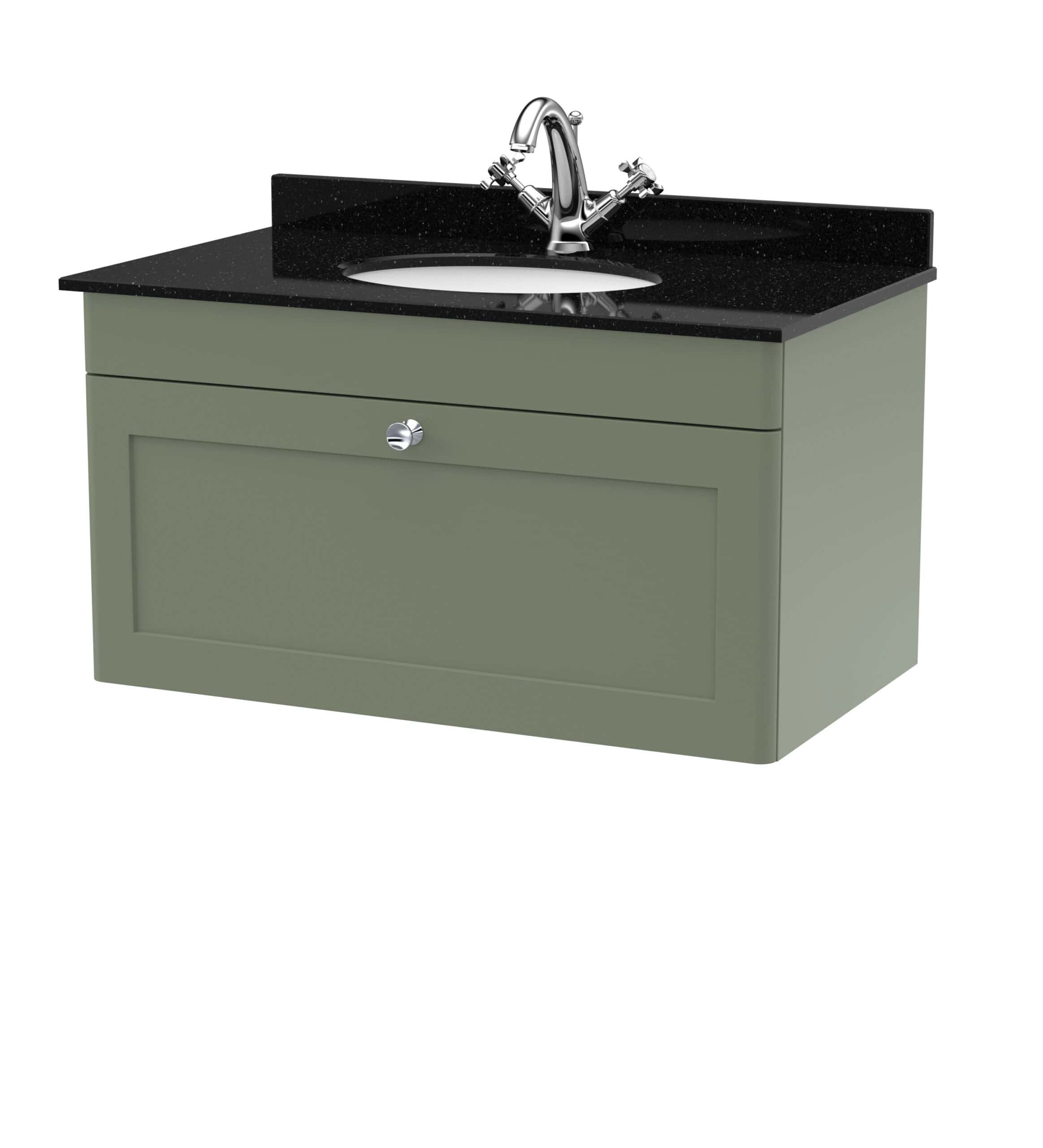 Sleek bathroom vanity unit with a black granite countertop, built-in basin, and modern chrome tap, ideal for contemporary bathrooms.