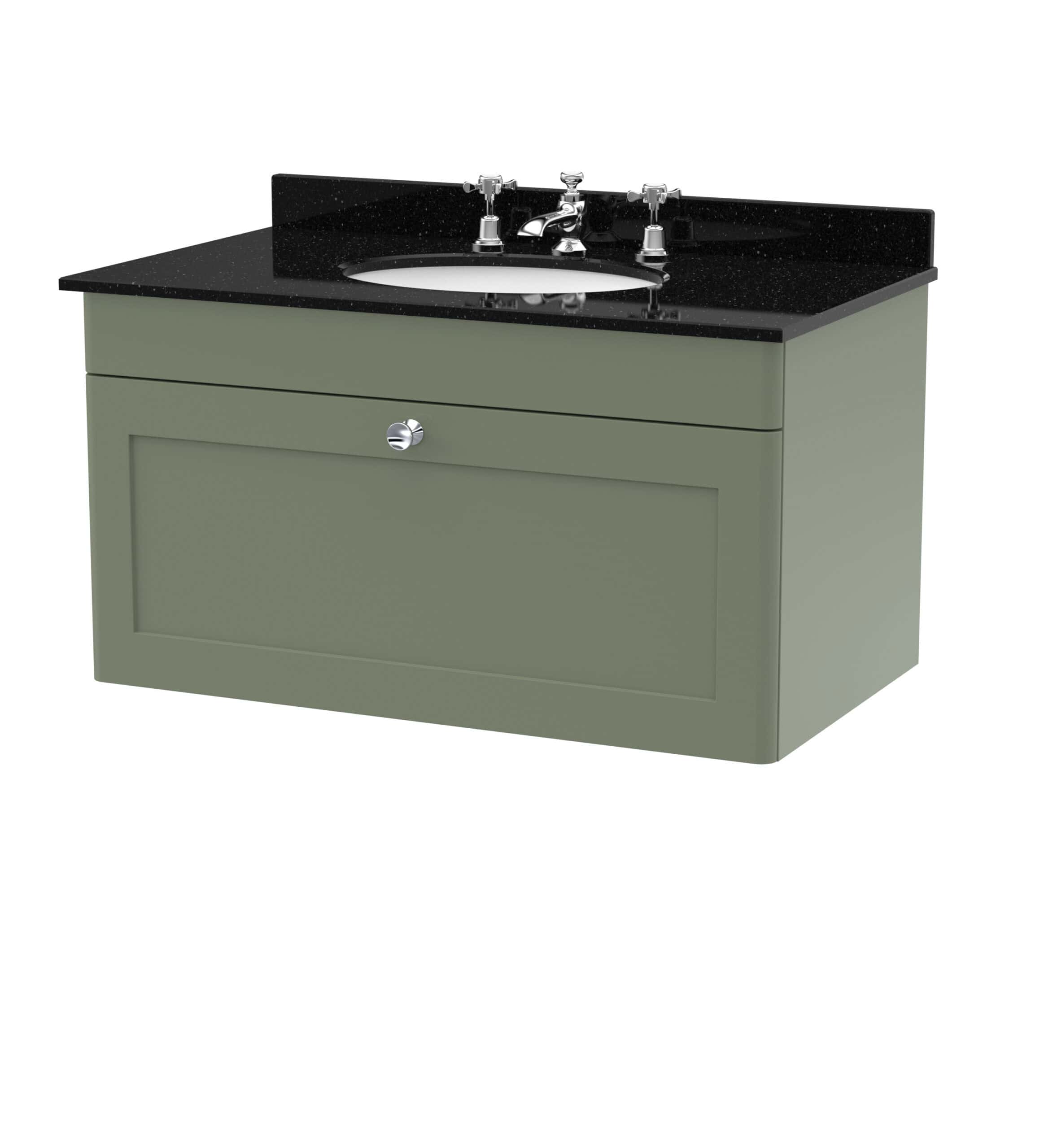 Oilene green bathroom vanity with black granite countertop and integrated sink, modern bathroom furniture and stylish fixtures for a contemporary bathroom design.