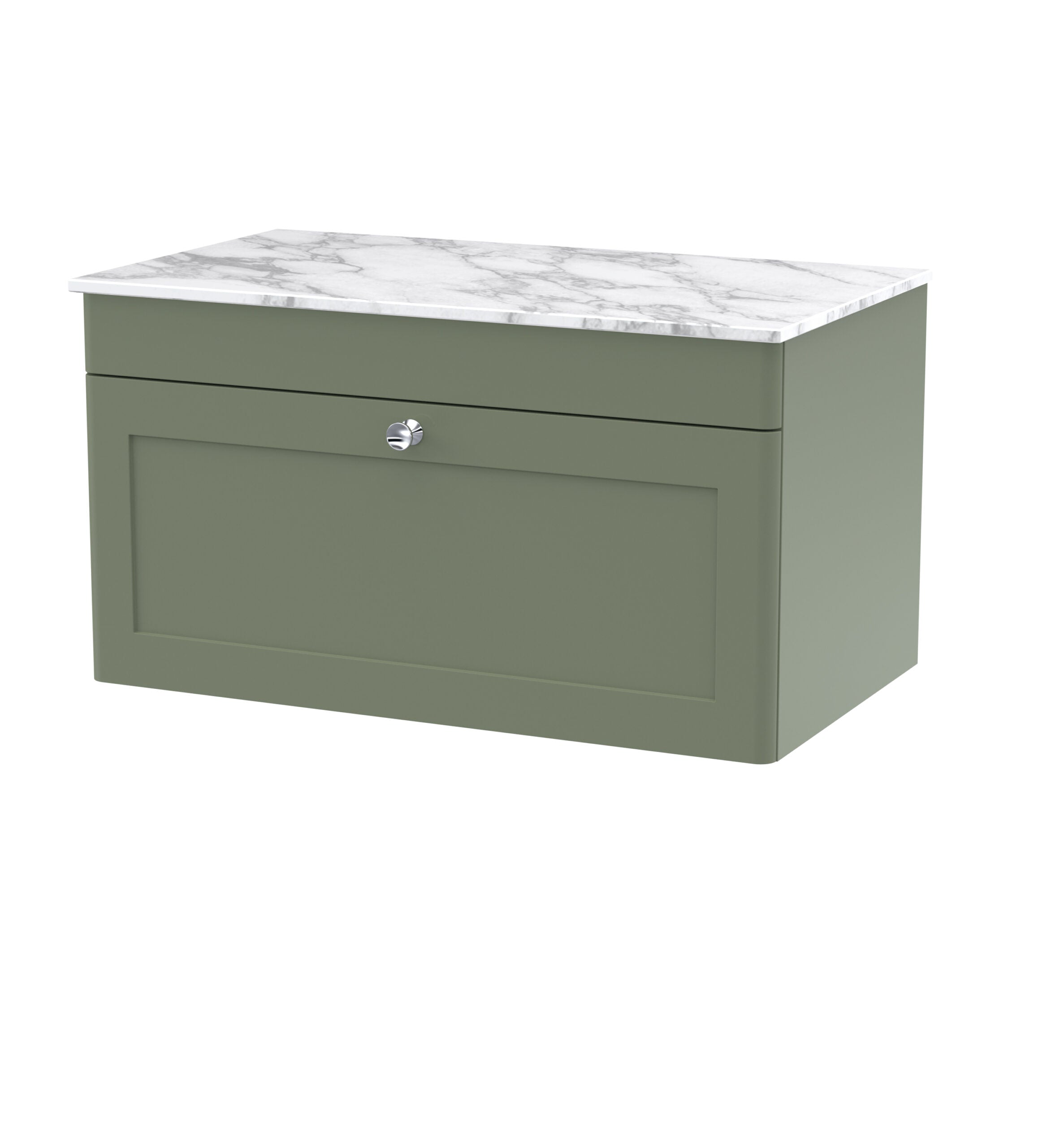 Modern green bathroom storage cabinet with a white marble top, perfect for bathroom organisation and functional design.