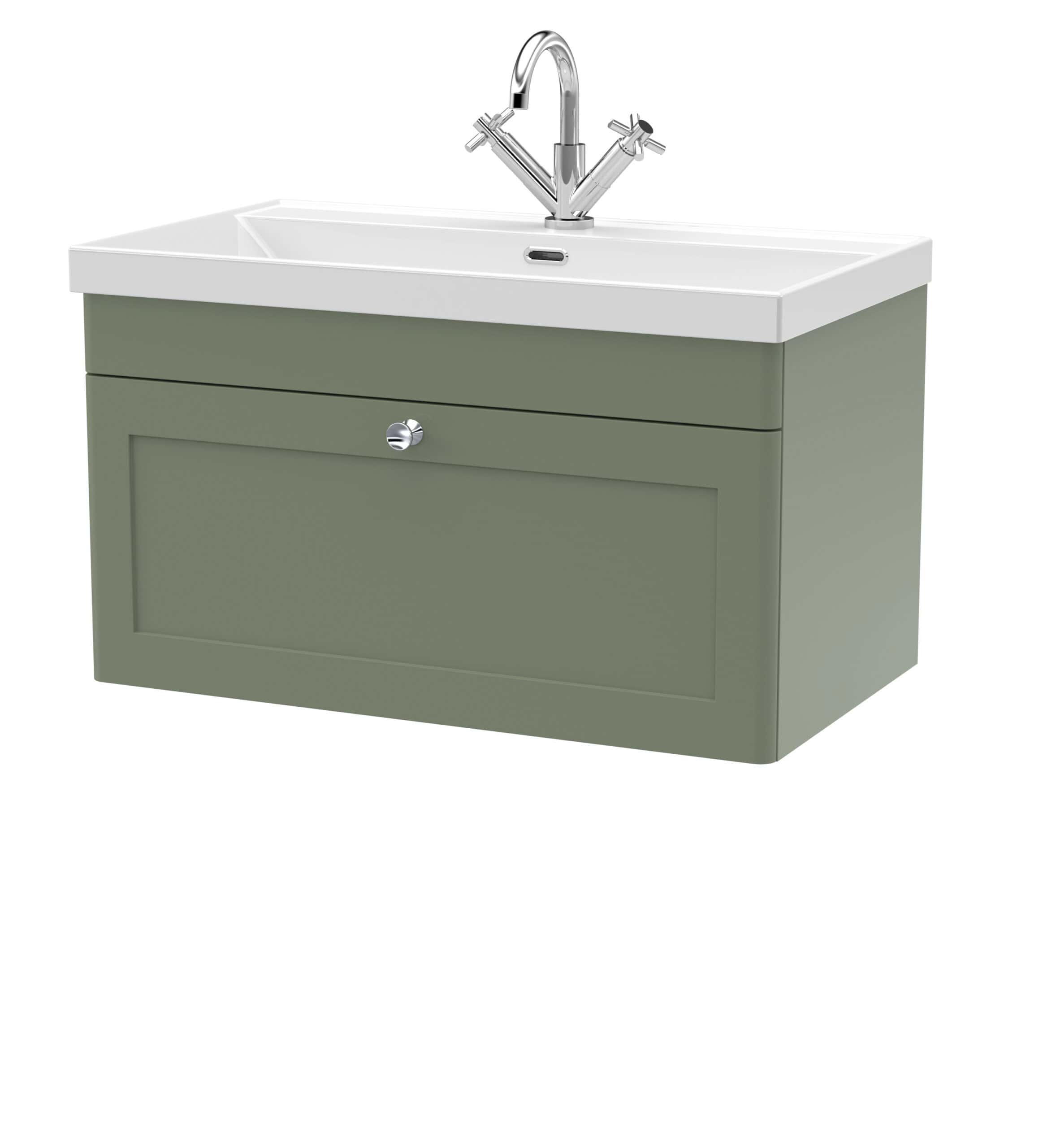 Modern bathroom vanity unit with integrated sink and chrome taps, ideal for contemporary bathroom designs focusing on functionality and style.