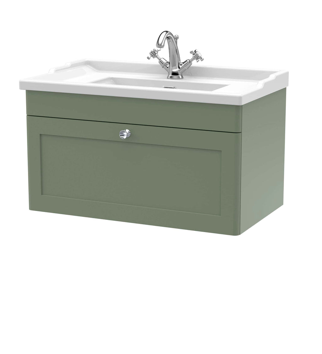 Modern green bathroom vanity unit with white ceramic sink and chrome mixer tap, ideal for stylish and functional bathrooms.