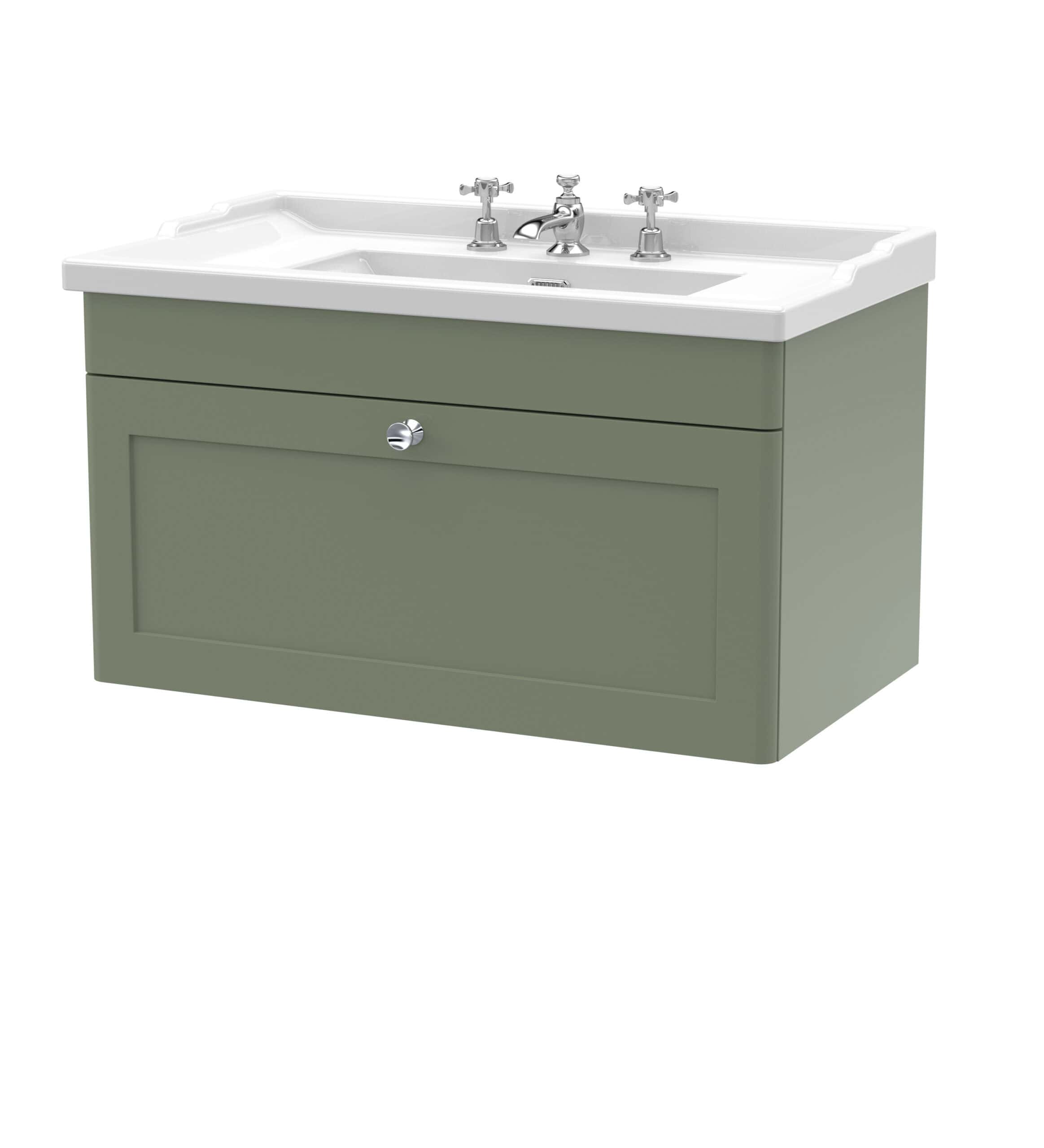 Polished bathroom vanity with sleek cabinet in sage green and white ceramic sink, featuring traditional chrome taps, ideal for modern bathroom decor.