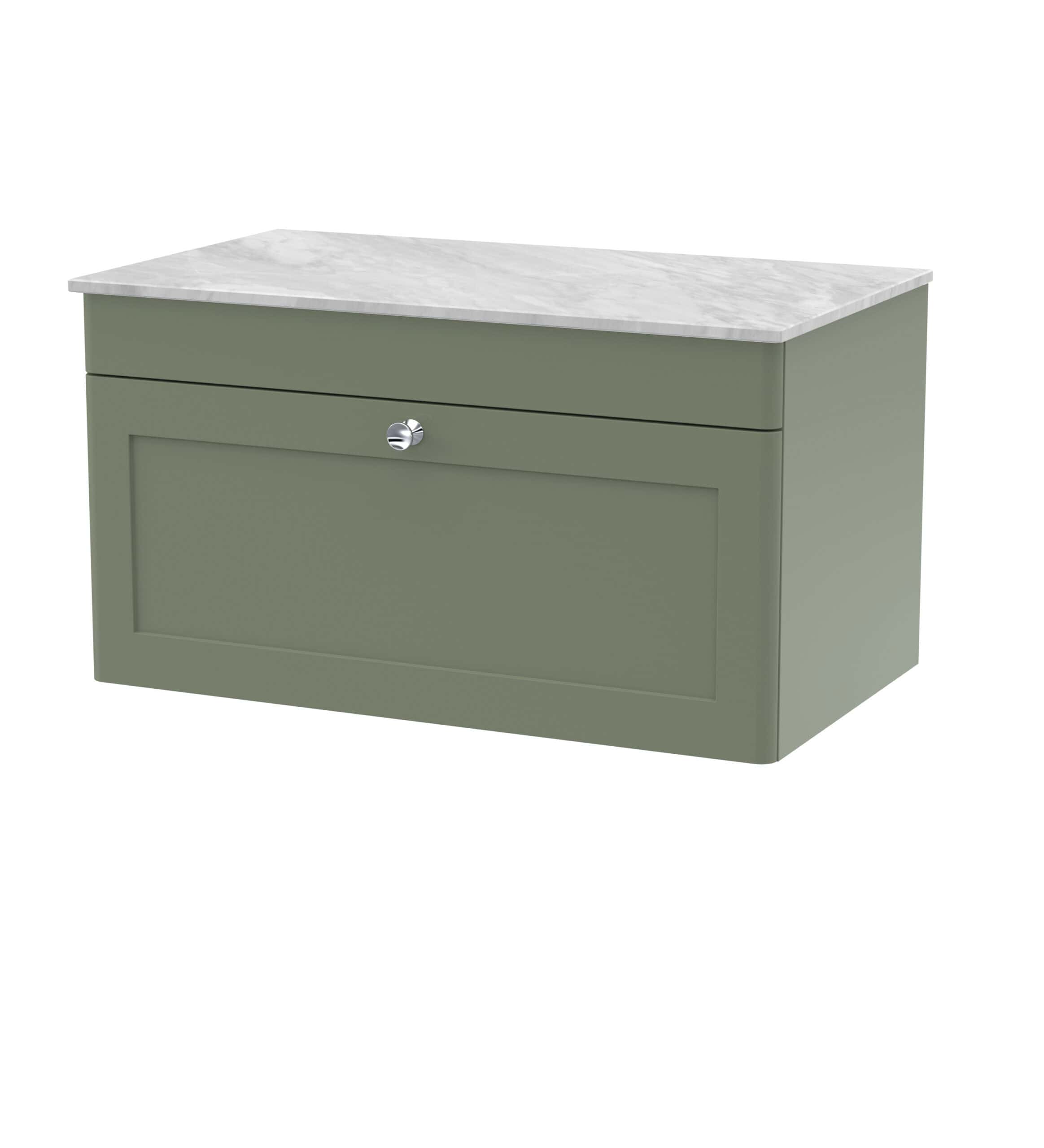 Stylish bathroom storage cabinet with marble top in muted green, ideal for modern bathrooms, providing functional and aesthetic storage solutions with a sleek design.