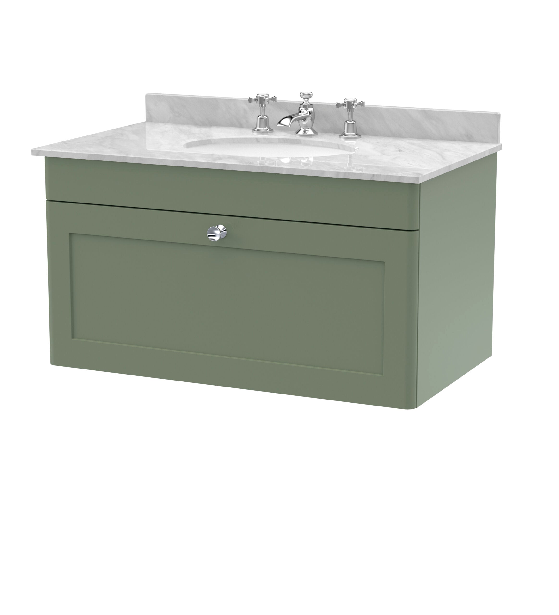 Vintage green bathroom vanity with white marble countertop and chrome fixtures, ideal for traditional or modern bathroom decor. Durable, stylish, and perfect for bathroom upgrades.