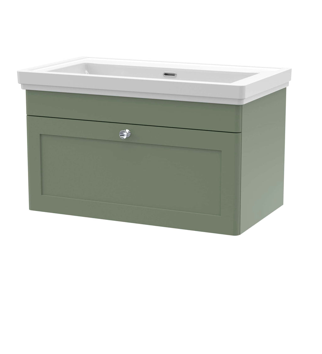Modern green bathroom vanity unit with integrated basin, storage drawer and chrome handle, ideal for stylish bathroom designs.