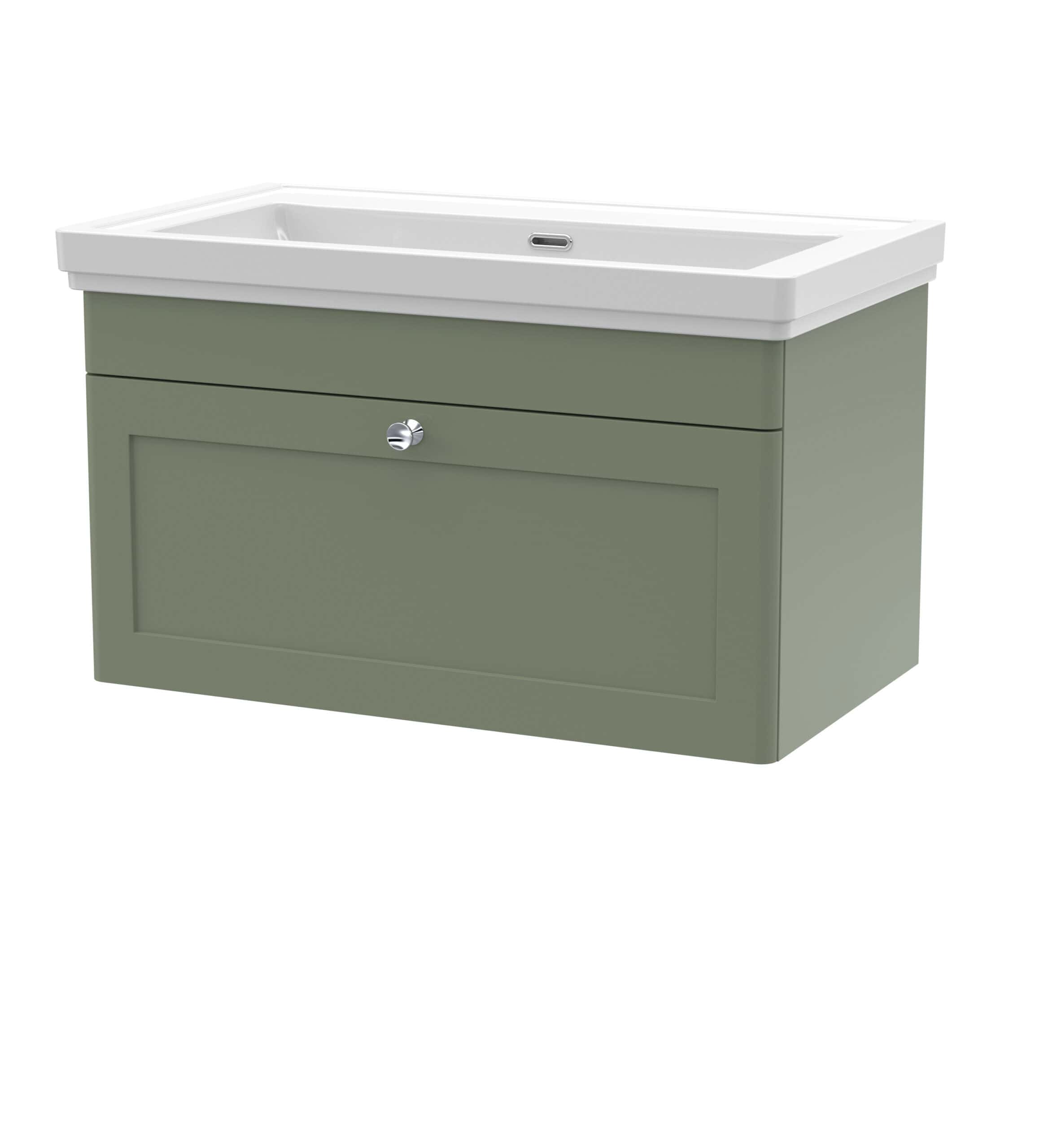 Modern green bathroom vanity unit with integrated basin, storage drawer and chrome handle, ideal for stylish bathroom designs.