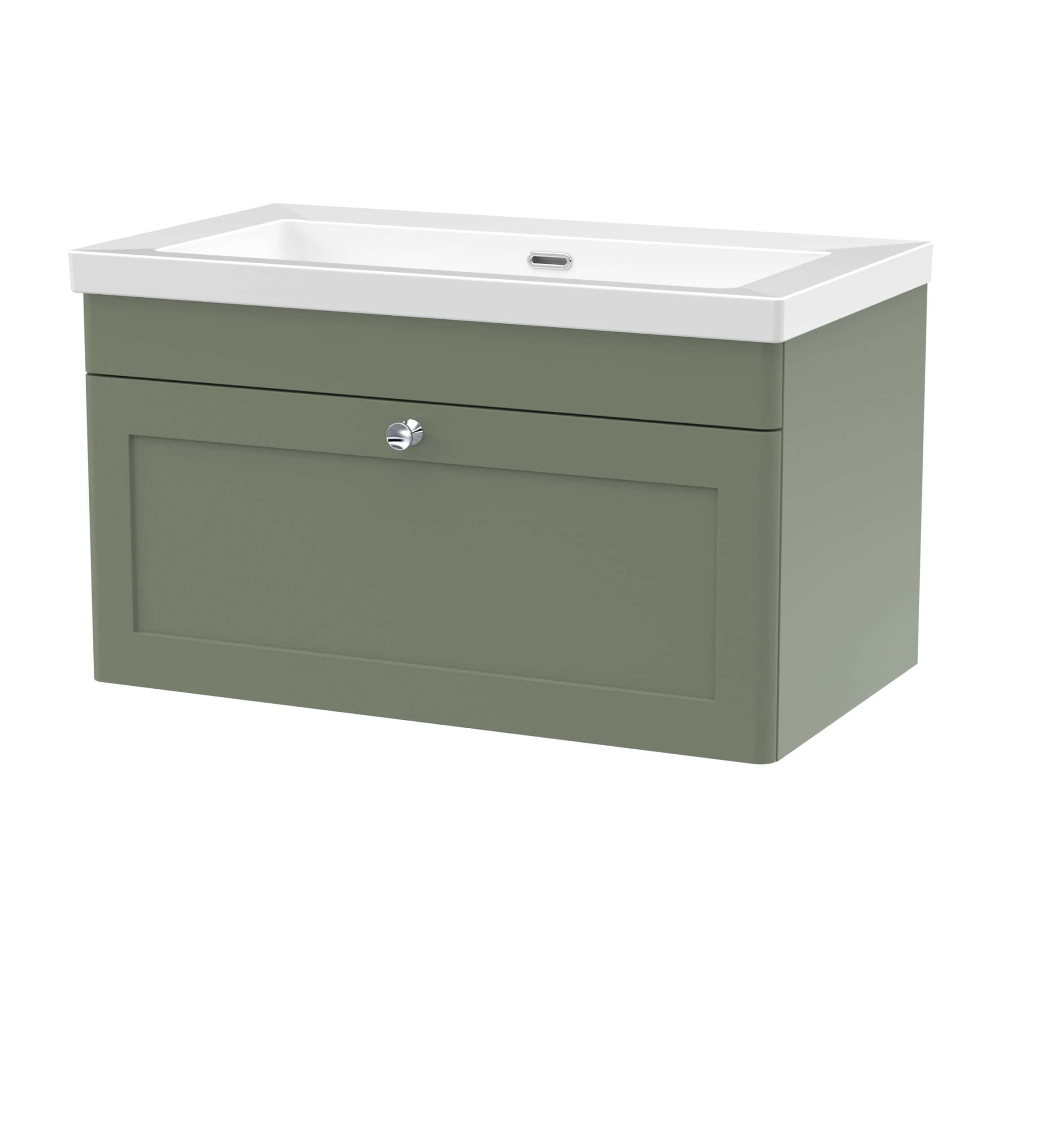 Modern green bathroom vanity with integrated sink and storage cabinet for stylish bathroom organisation.