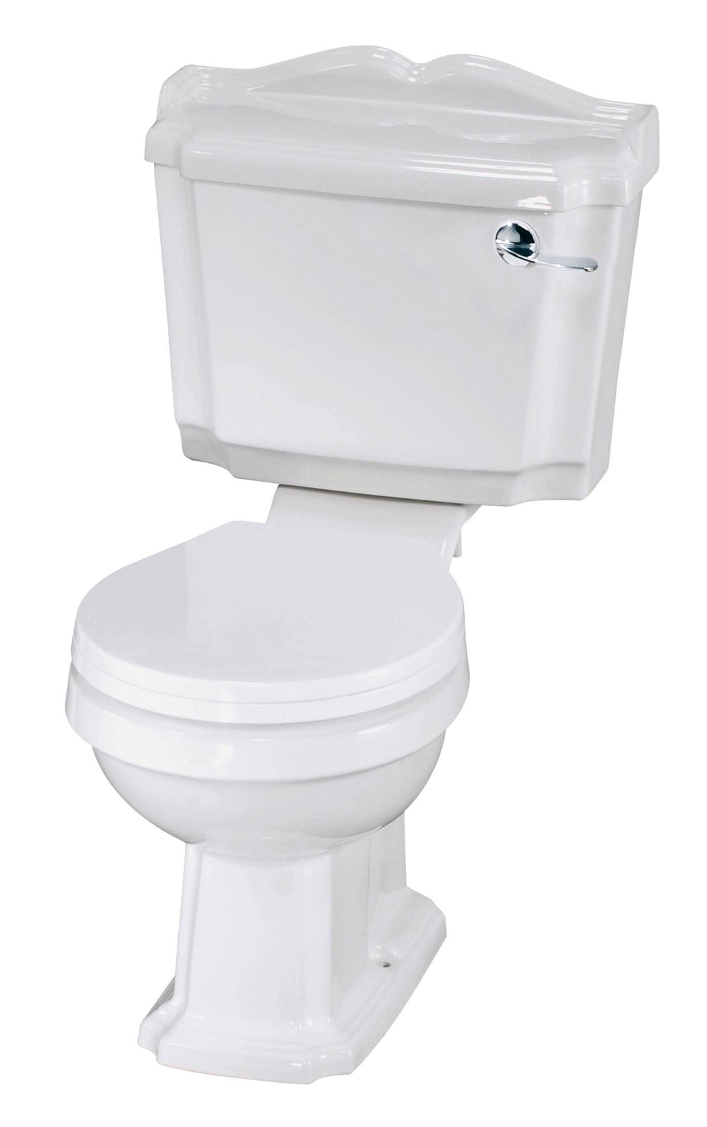 High-quality white ceramic toilet with a classic cistern and chrome flush handle, perfect for modern bathrooms and enhancing bathroom aesthetics. Ideal for residential or commercial bathroom installations.