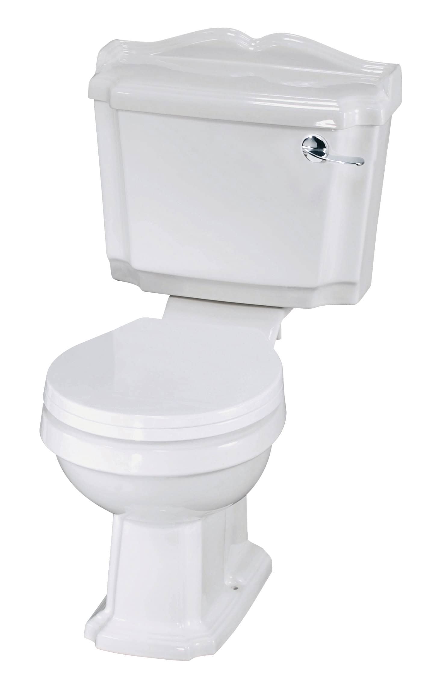 High-quality white ceramic toilet with a classic cistern and chrome flush handle, perfect for modern bathrooms and enhancing bathroom aesthetics. Ideal for residential or commercial bathroom installations.