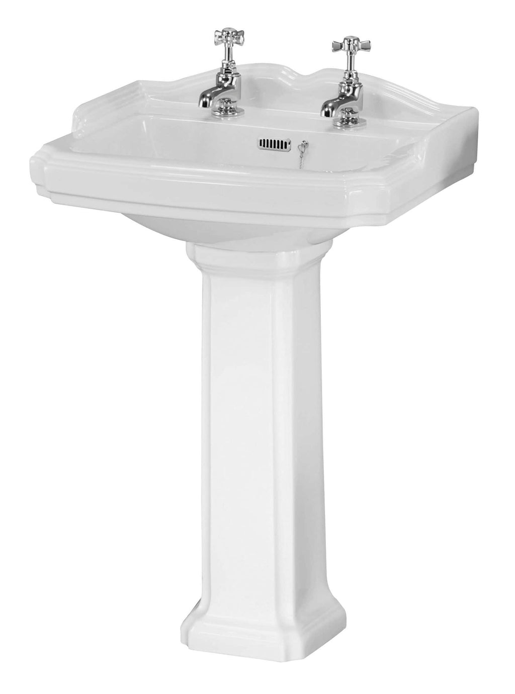 Elegant white vintage bathroom pedestal sink with dual taps, ideal for classic and traditional bathroom designs in the UK. Perfect for adding timeless style and functionality to your bathroom space.