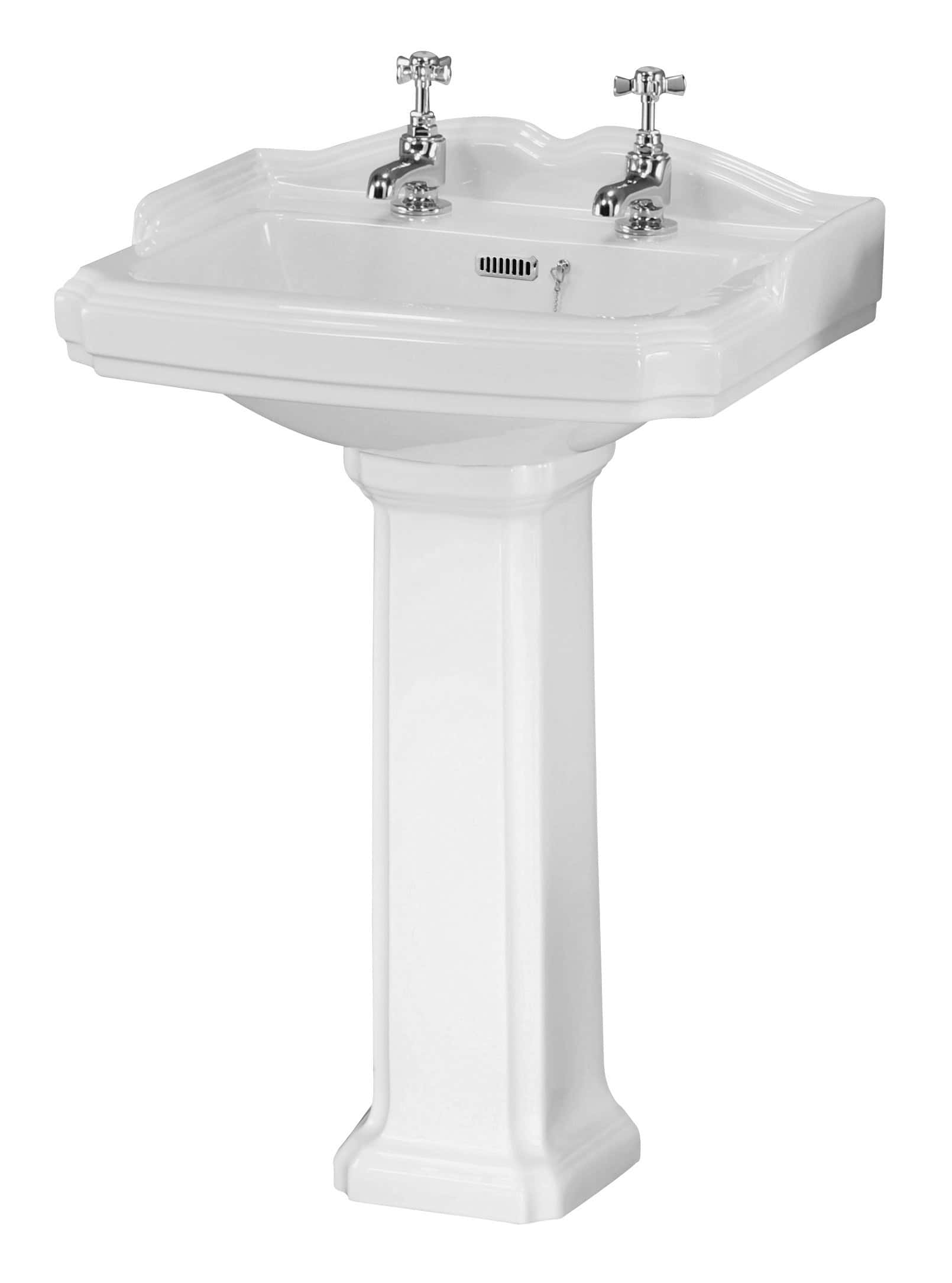 Elegant white vintage bathroom pedestal sink with dual taps, ideal for classic and traditional bathroom designs in the UK. Perfect for adding timeless style and functionality to your bathroom space.