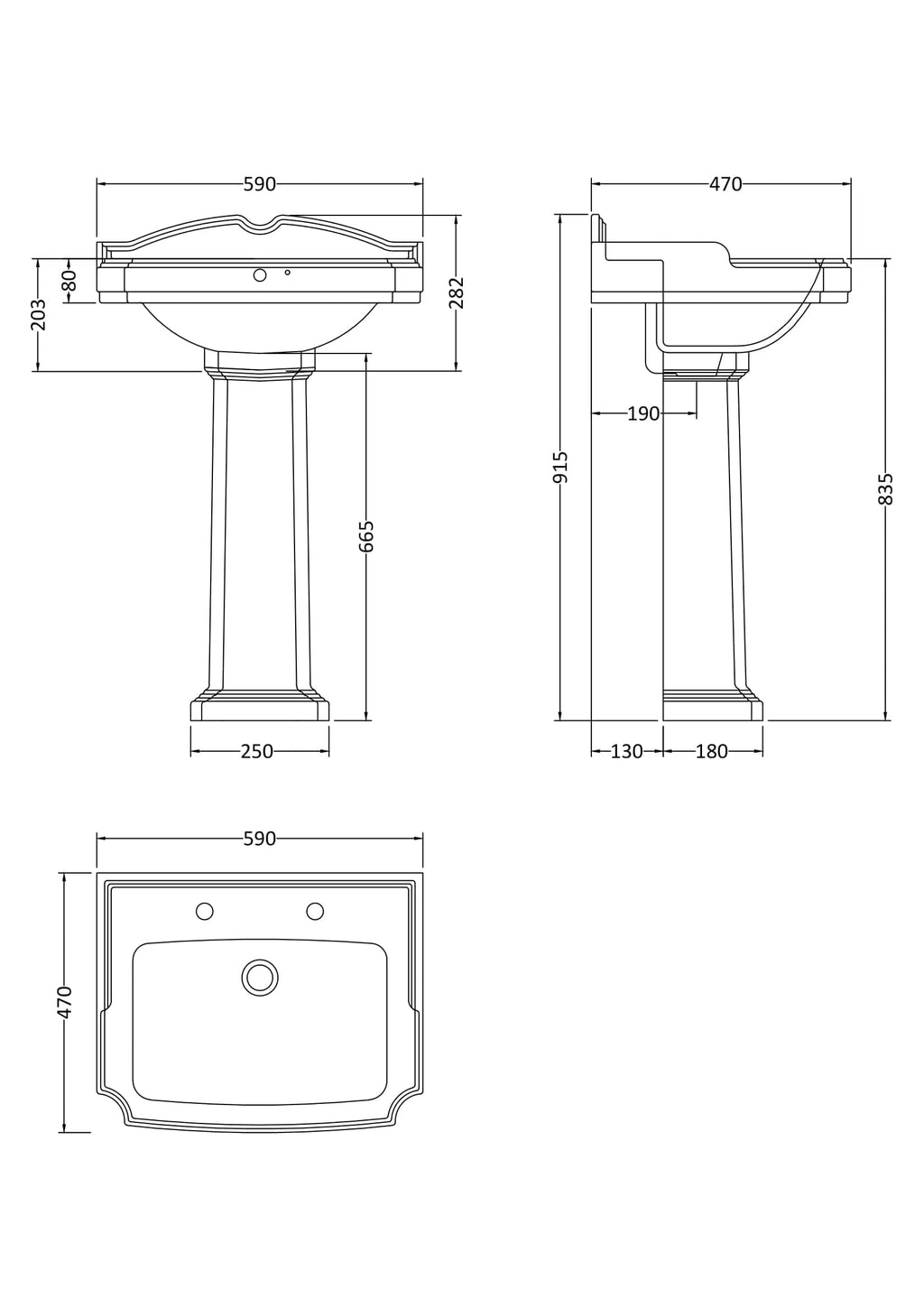 Elegant bathroom sink with classic design, featuring detailed measurements for precise installation, perfect for traditional bathroom remodels.