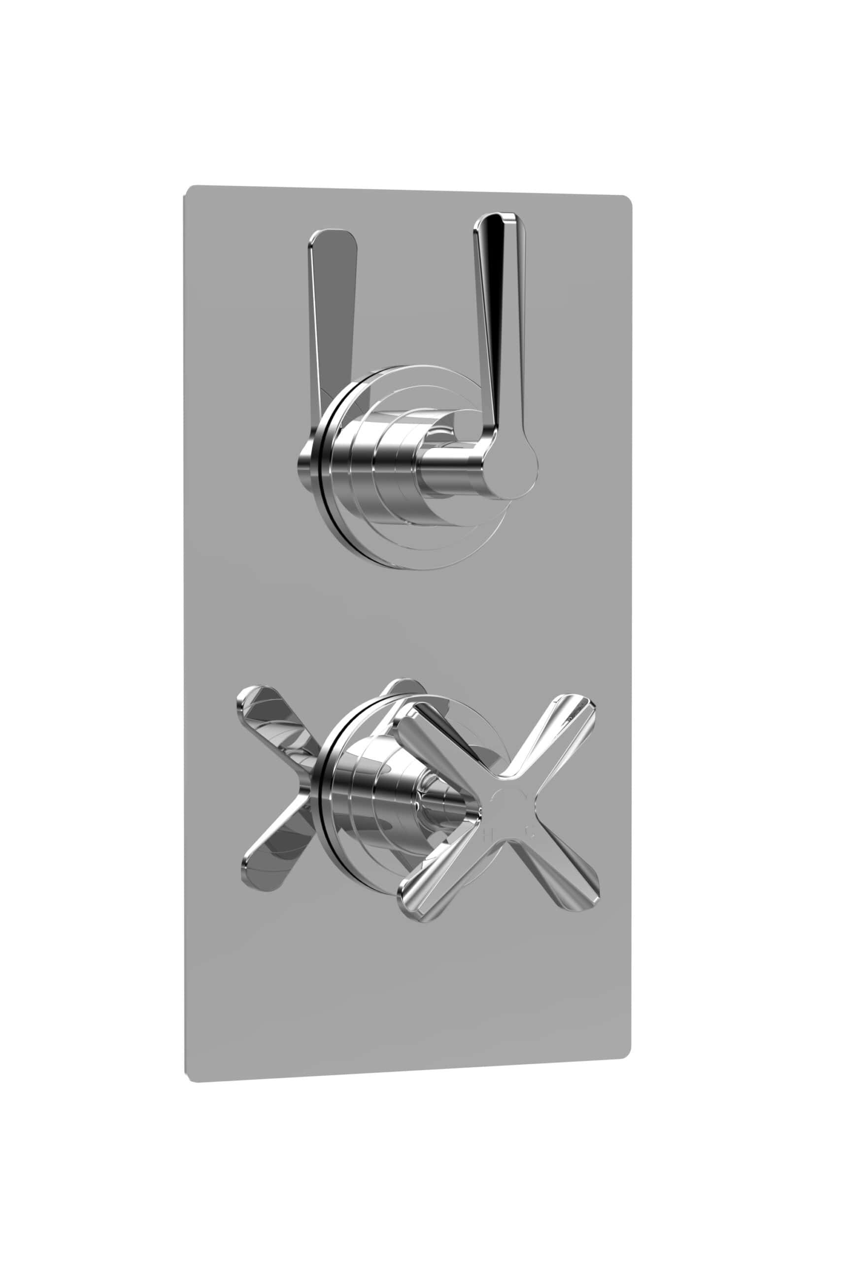 Shower diverter valve in polished chrome for bathroom showers and baths, easy to use and durable bathroom plumbing component.