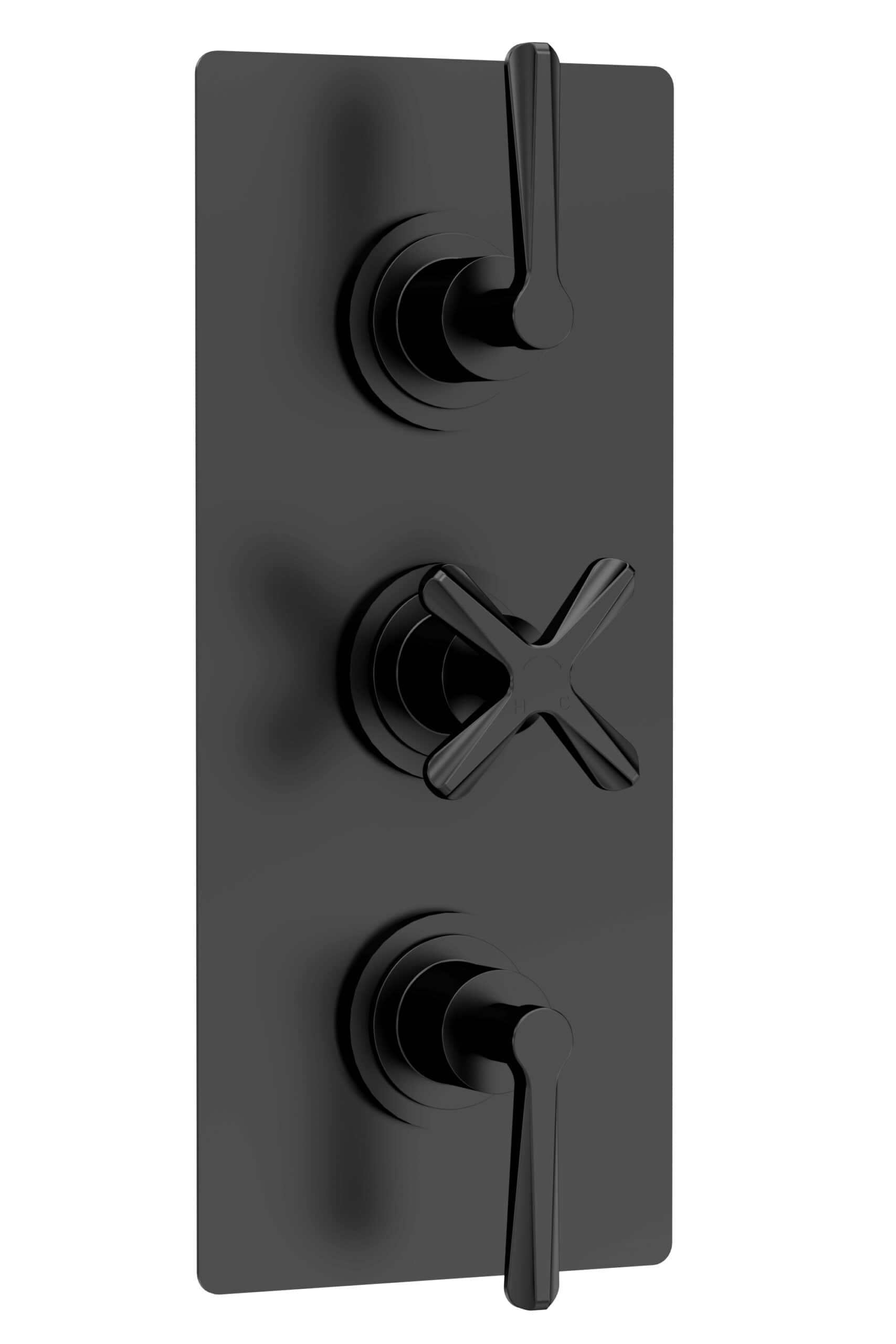 Modern black shower thermostat control panel with three levers for temperature, water flow, and switching on/off, perfect for contemporary bathroom upgrades.