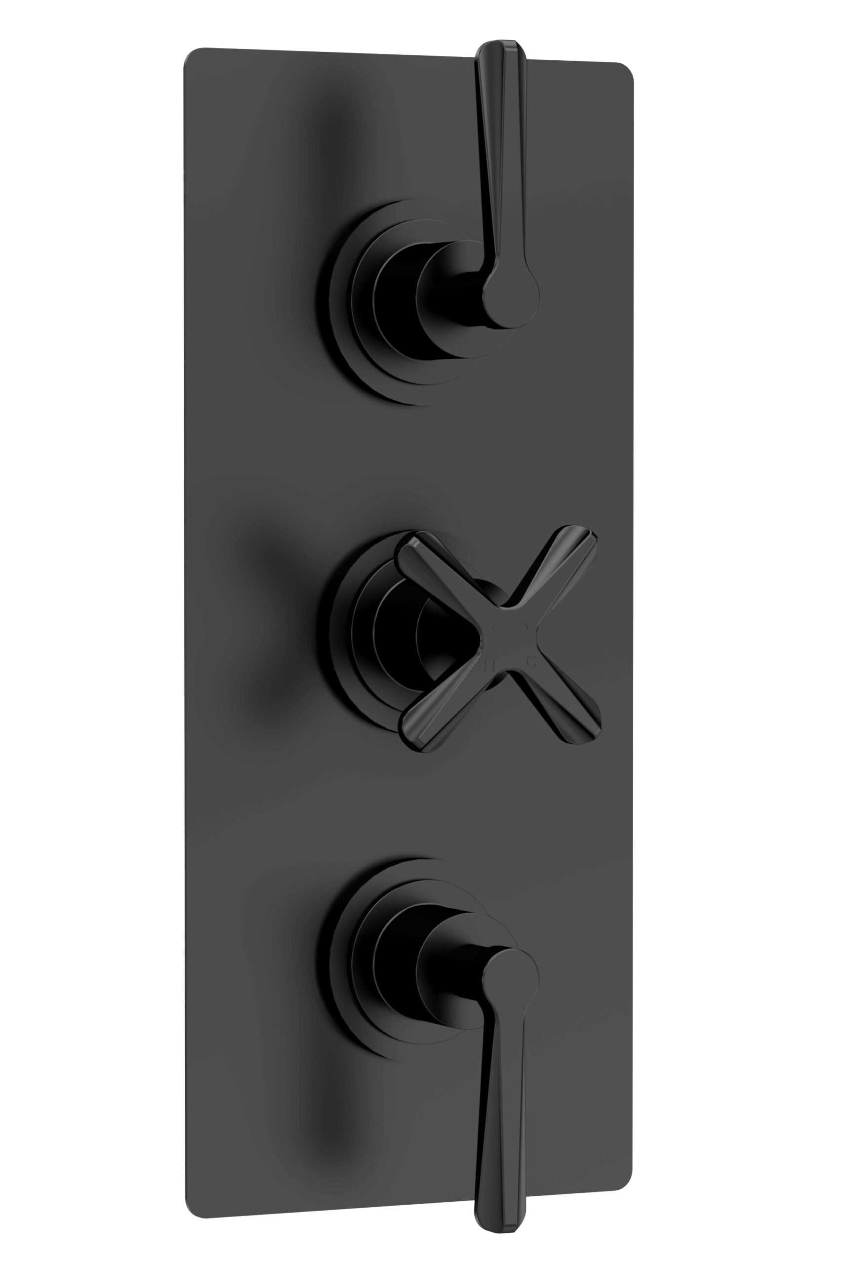 Black shower mixer control panel with three handles for temperature, flow, and diverter, ideal for modern bathroom renovation and high-quality bathroom fittings.