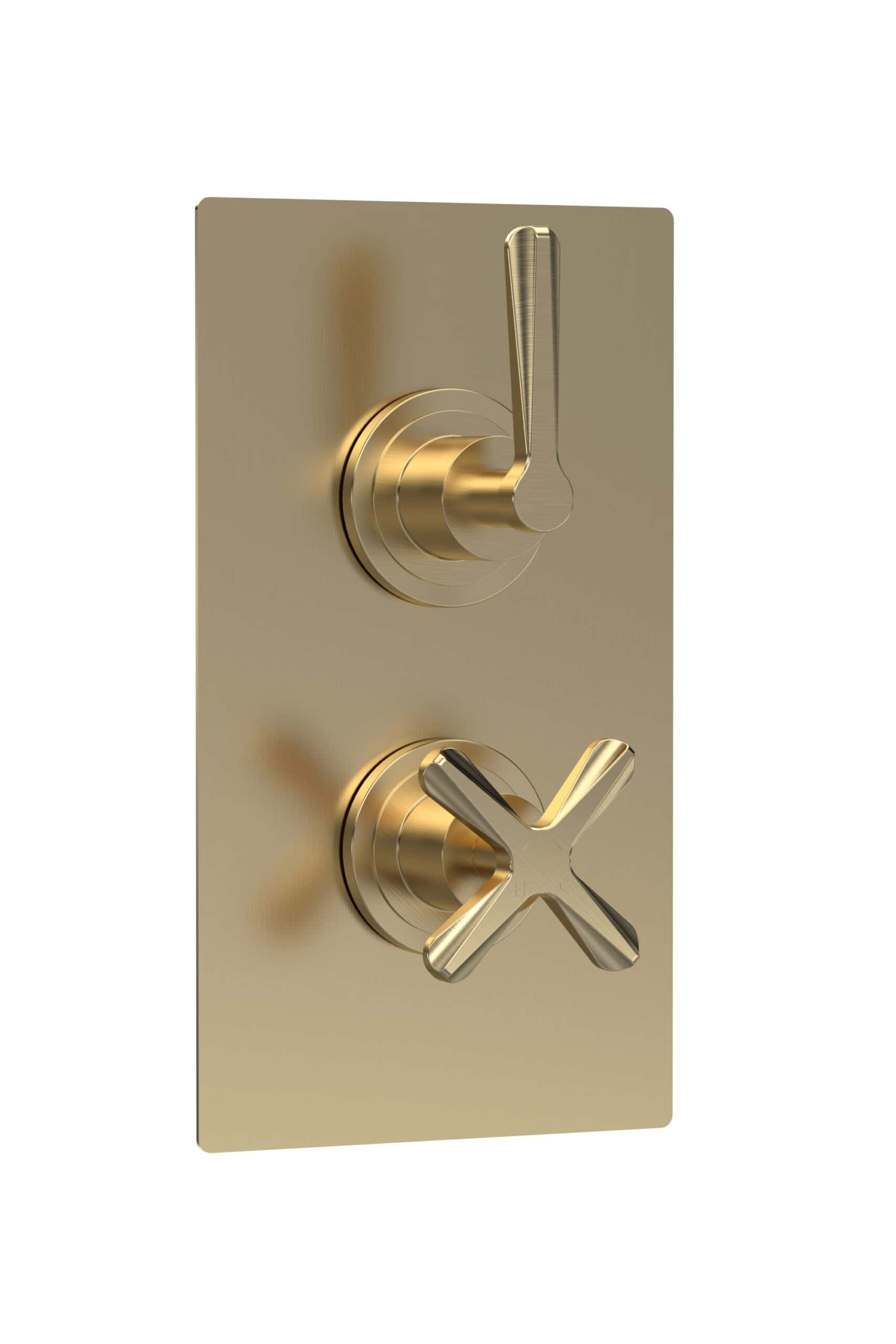Sleek gold bathroom light switch with modern toggle and cross switches, designed for contemporary bathrooms, blending functionality with stylish decor.