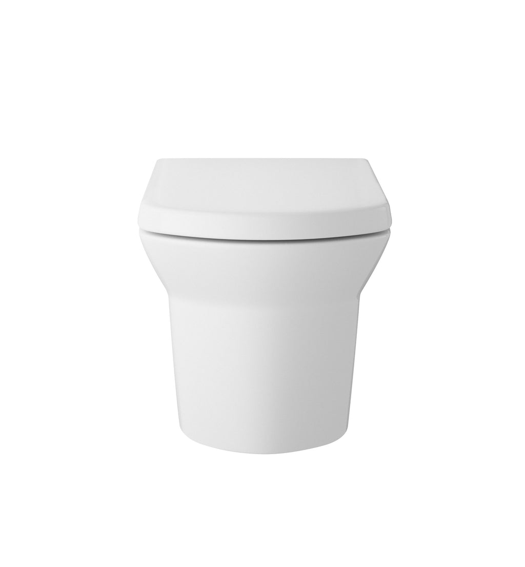 Modern white close-coupled toilet for contemporary bathroom design, featuring a sleek, minimalist look with a soft-close lid and efficient flushing system. Perfect for bathrooms seeking a clean and stylish appearance.