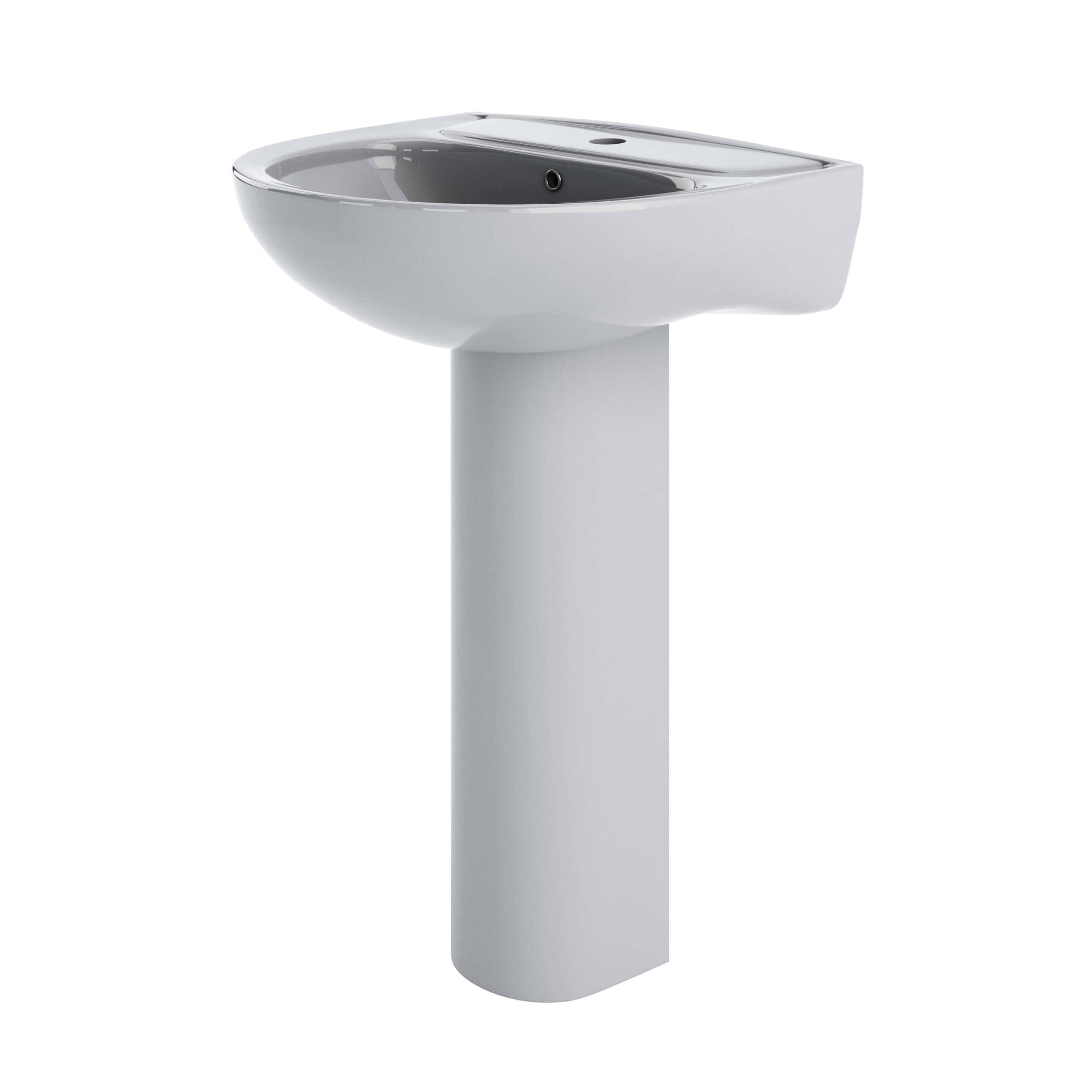 Sleek white bathroom sink with pedestal, modern design perfect for contemporary bathroom renovations and installations.