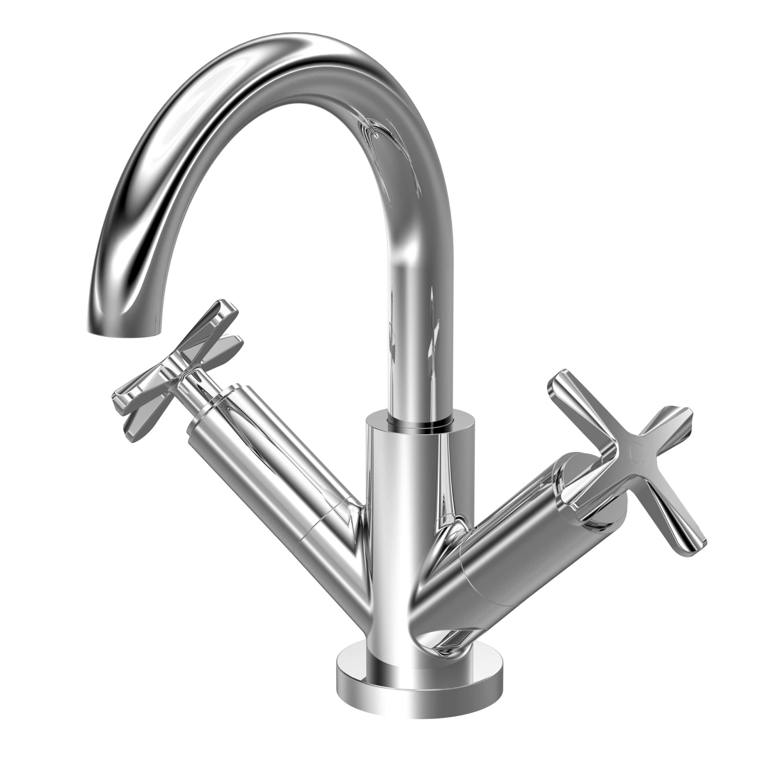 Sleek modern chrome bathroom tap with dual handles, ideal for contemporary bathroom design, ensuring easy control of hot and cold water. Perfect for stylish bathroom upgrades.